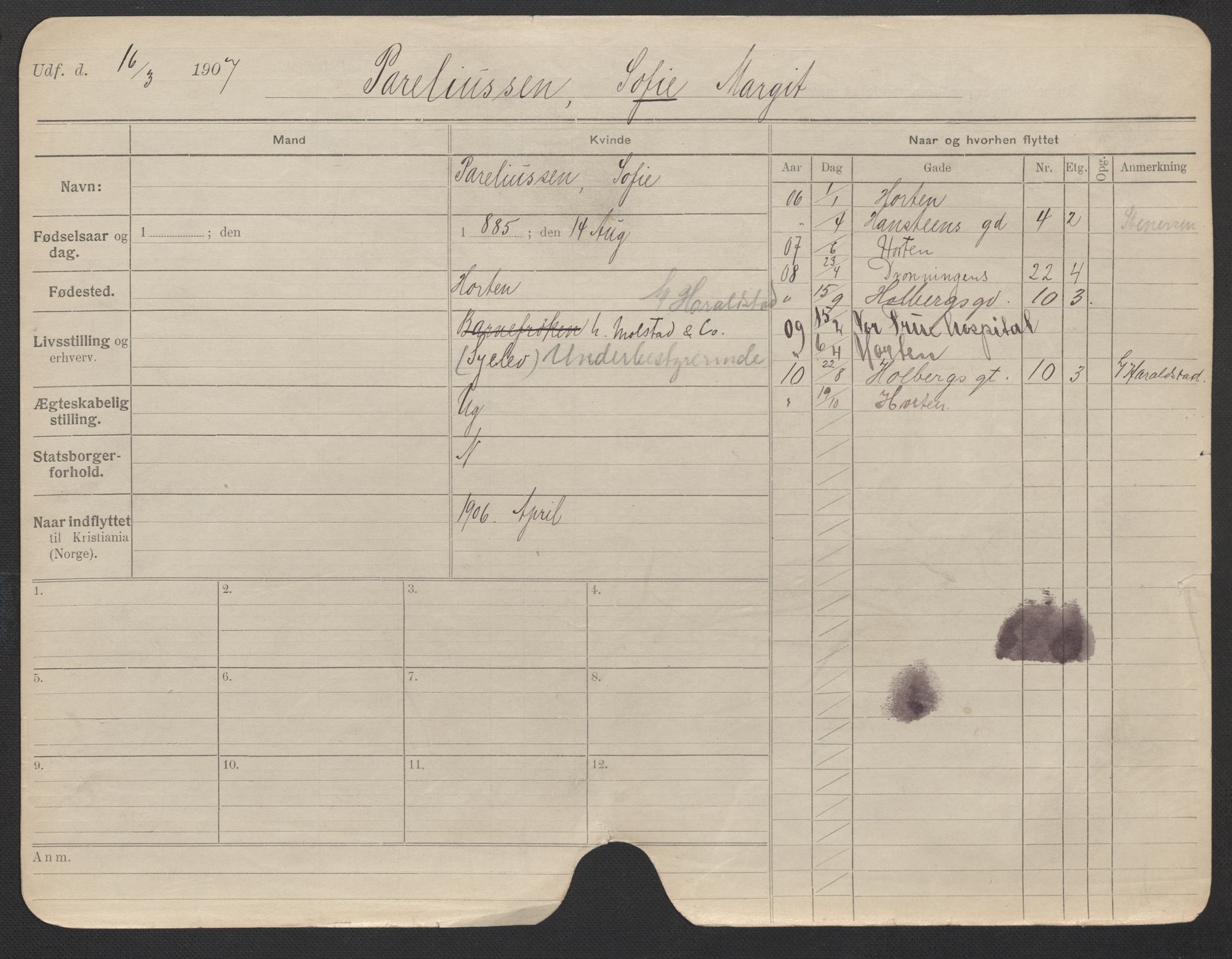 Oslo folkeregister, Registerkort, AV/SAO-A-11715/F/Fa/Fac/L0022: Kvinner, 1906-1914, s. 521a