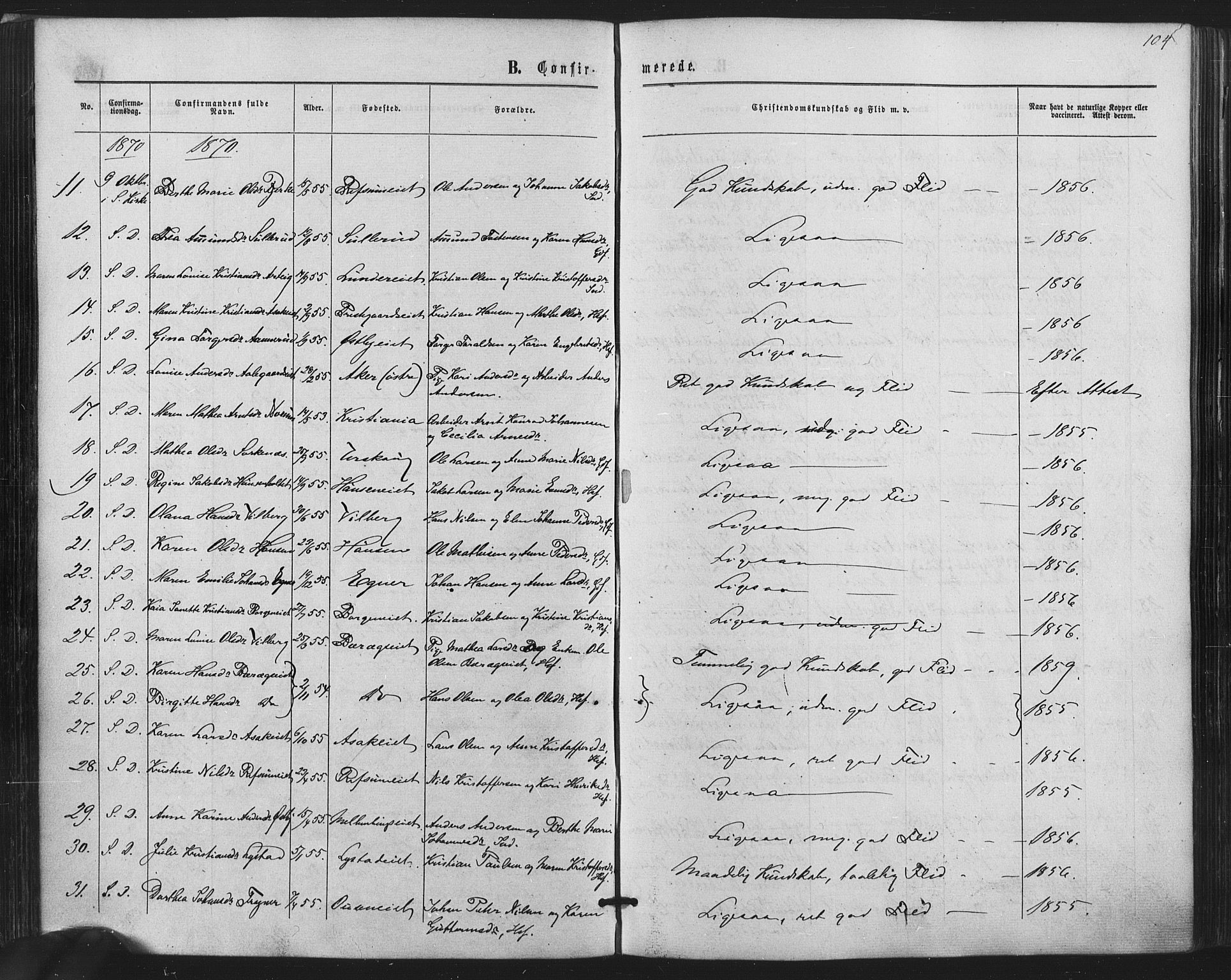 Sørum prestekontor Kirkebøker, AV/SAO-A-10303/F/Fa/L0006: Ministerialbok nr. I 6, 1864-1877, s. 104