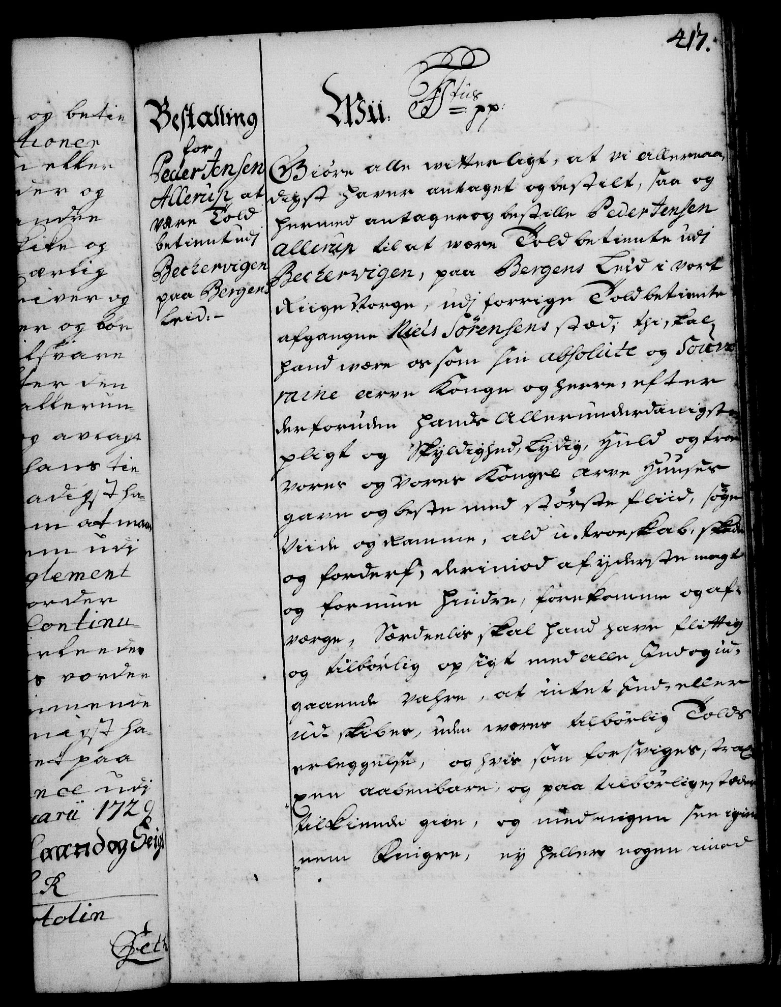 Rentekammeret, Kammerkanselliet, RA/EA-3111/G/Gg/Gge/L0001: Norsk bestallingsprotokoll med register (merket RK 53.25), 1720-1730, s. 417