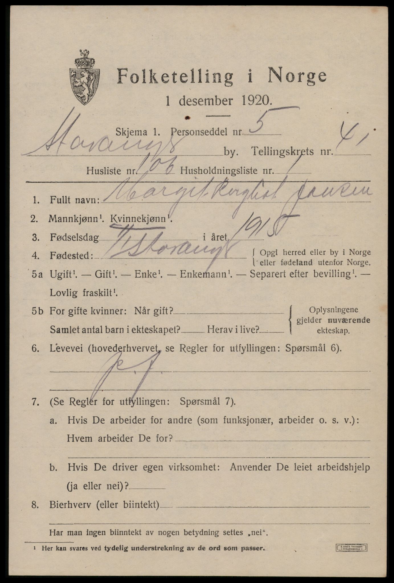 SAST, Folketelling 1920 for 1103 Stavanger kjøpstad, 1920, s. 105072