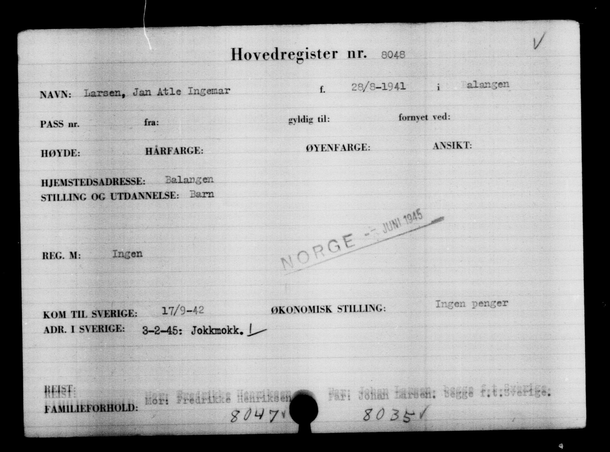 Utenriksstasjonene, Legasjonen i Stockholm, Flyktningkontoret, AV/RA-S-6753/V/Va/L0005: Kjesäterkartoteket, flyktninger med registreringsnr. 6600-9417, 1940-1945, s. 1695