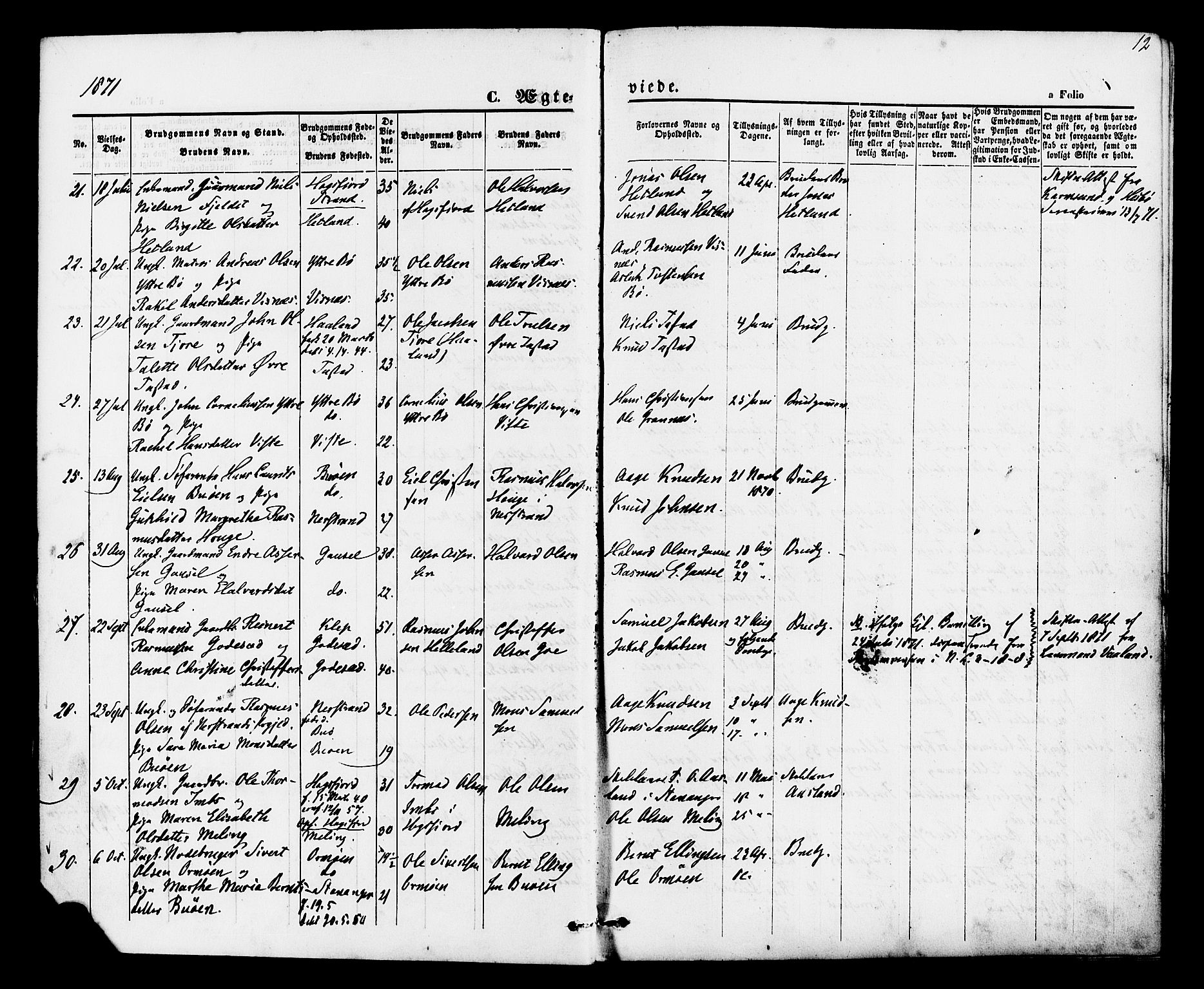 Hetland sokneprestkontor, AV/SAST-A-101826/30/30BA/L0005: Ministerialbok nr. A 5, 1869-1884, s. 12