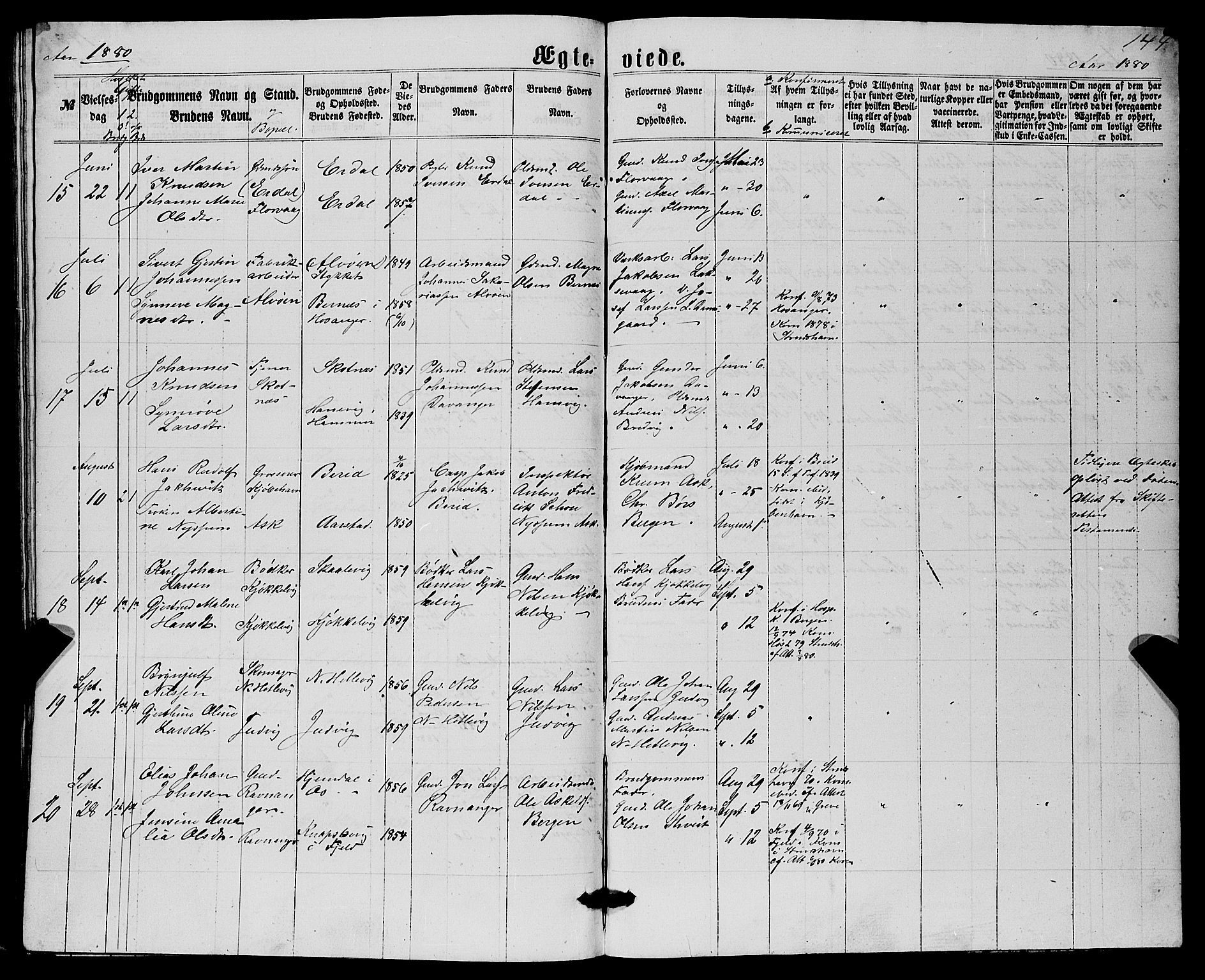 Askøy Sokneprestembete, AV/SAB-A-74101/H/Ha/Hab/Haba/L0006: Klokkerbok nr. A 6, 1861-1881, s. 144