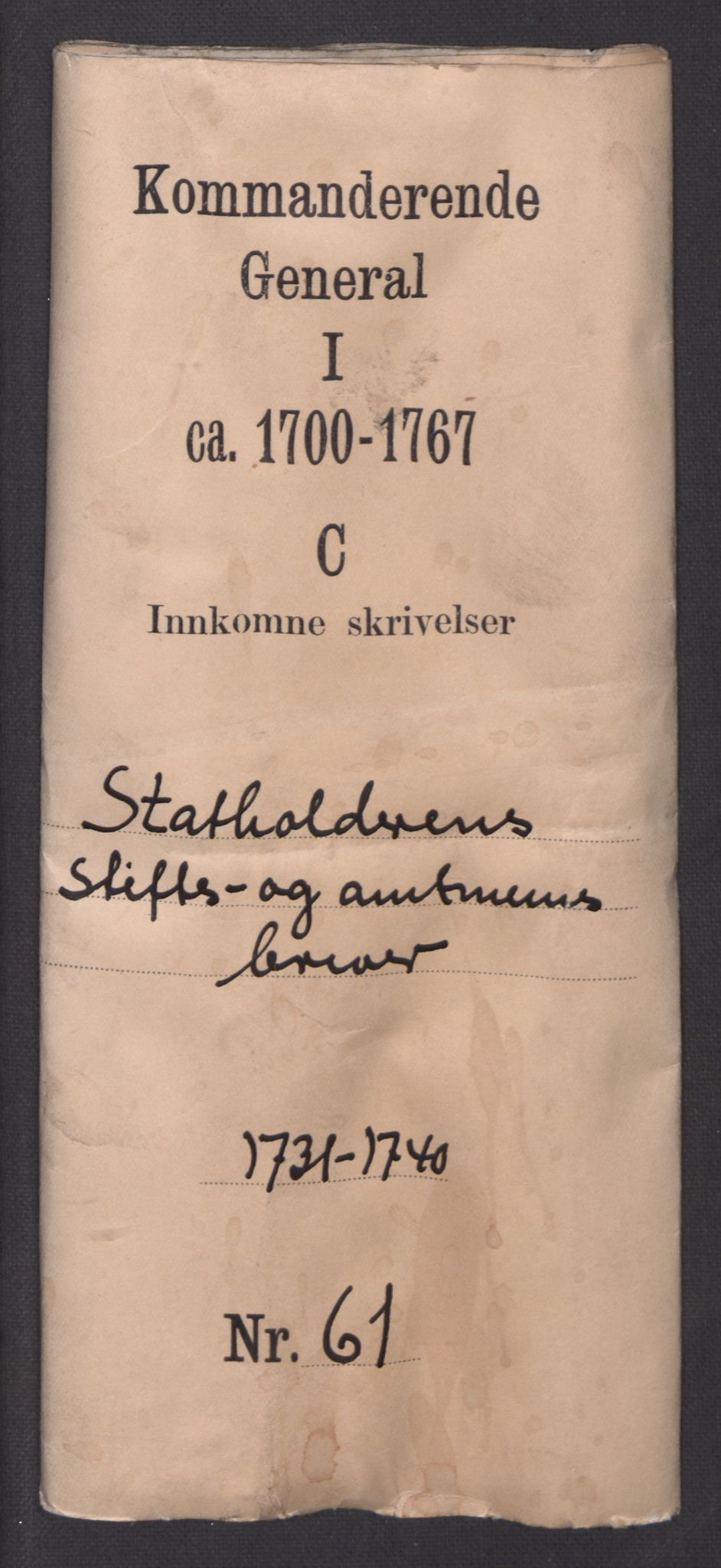 Kommanderende general (KG I) med Det norske krigsdirektorium, AV/RA-EA-5419/D/L0061: Stattholderens, stiftamtmenns og amtmenns brev, 1731-1740, s. 1