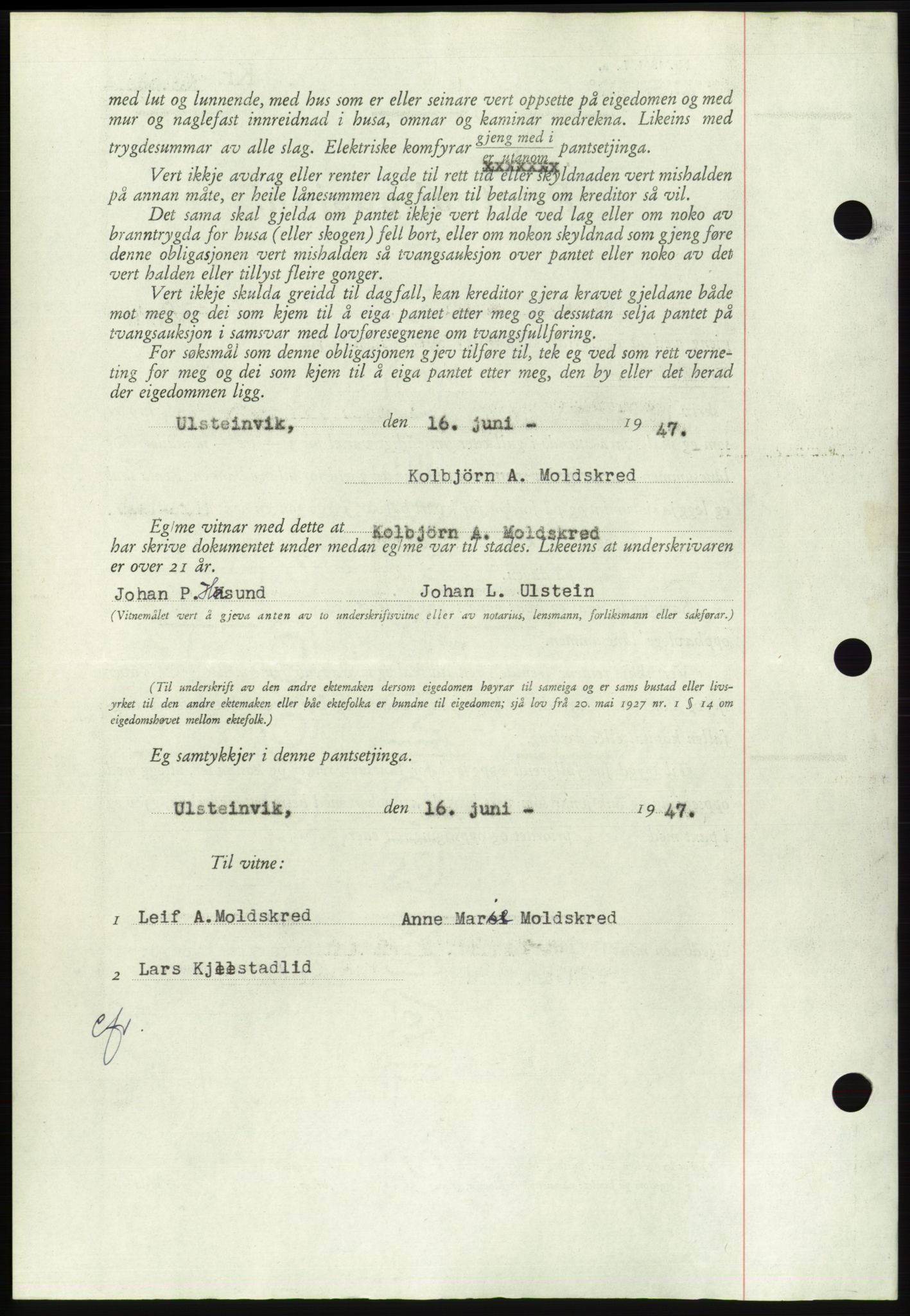 Søre Sunnmøre sorenskriveri, AV/SAT-A-4122/1/2/2C/L0115: Pantebok nr. 3B, 1947-1948, Dagboknr: 800/1947