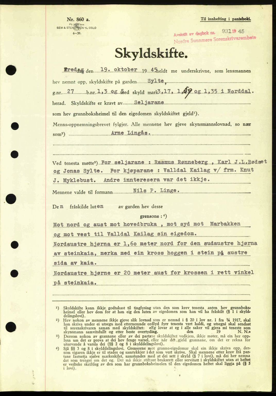 Nordre Sunnmøre sorenskriveri, AV/SAT-A-0006/1/2/2C/2Ca: Pantebok nr. A20a, 1945-1945, Dagboknr: 931/1945