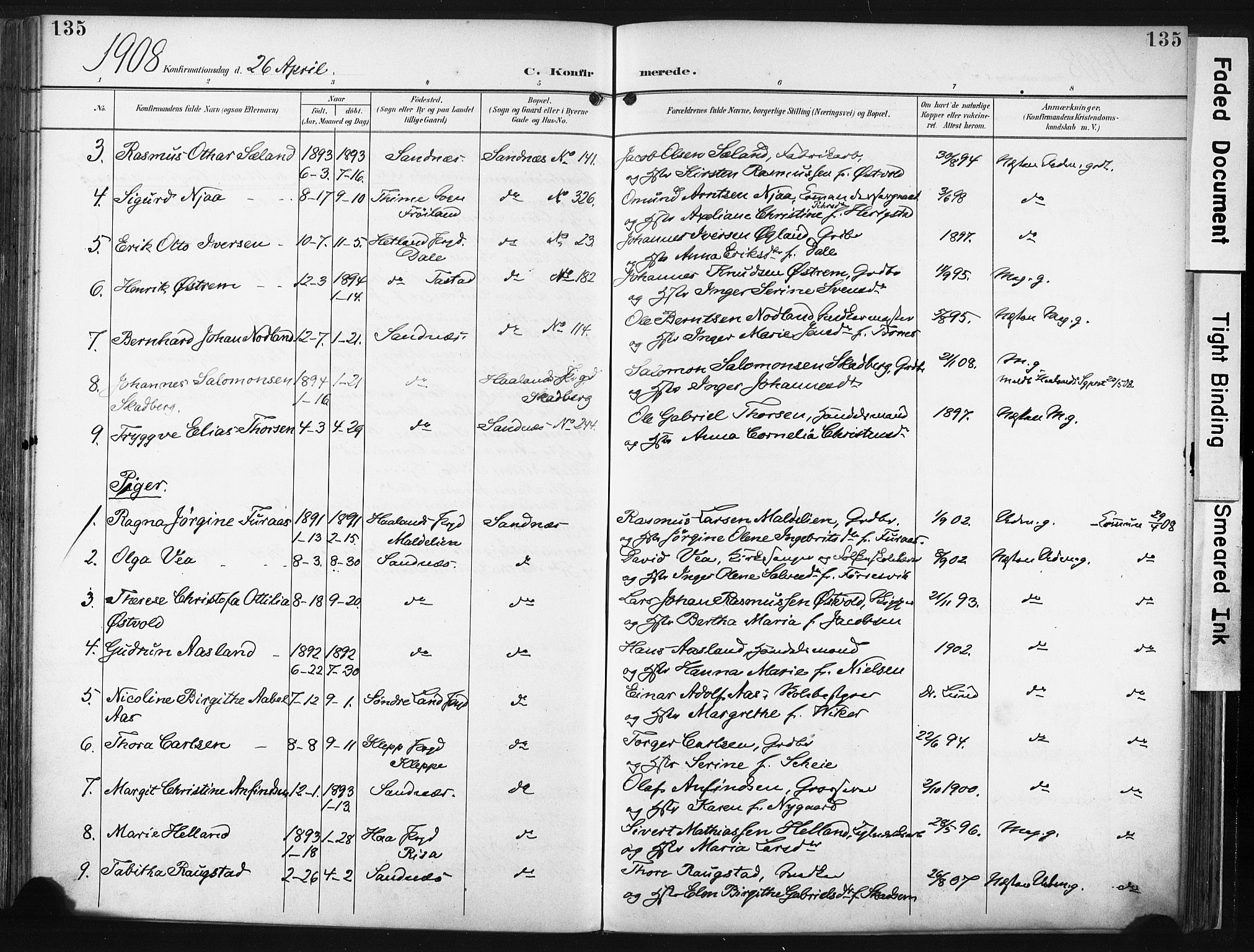 Høyland sokneprestkontor, AV/SAST-A-101799/001/30BA/L0016: Ministerialbok nr. A 16, 1899-1911, s. 135