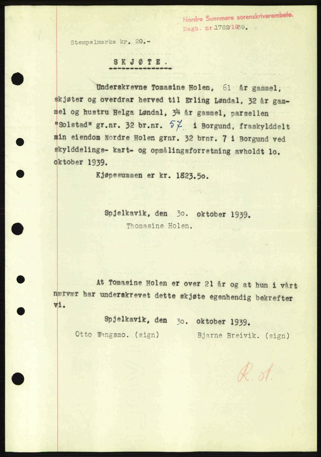 Nordre Sunnmøre sorenskriveri, SAT/A-0006/1/2/2C/2Ca: Pantebok nr. A7, 1939-1939, Dagboknr: 1782/1939