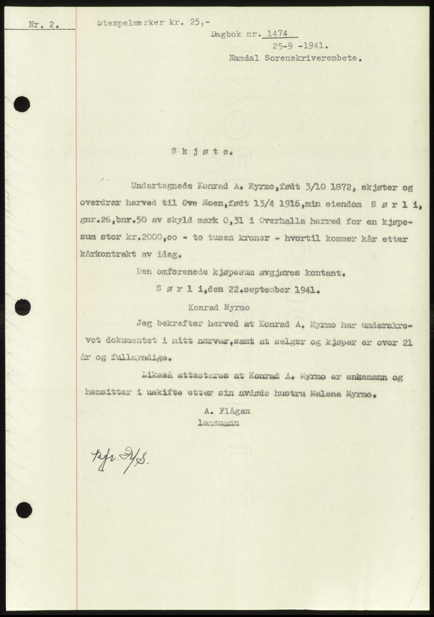 Namdal sorenskriveri, SAT/A-4133/1/2/2C: Pantebok nr. -, 1941-1942, Dagboknr: 1474/1941