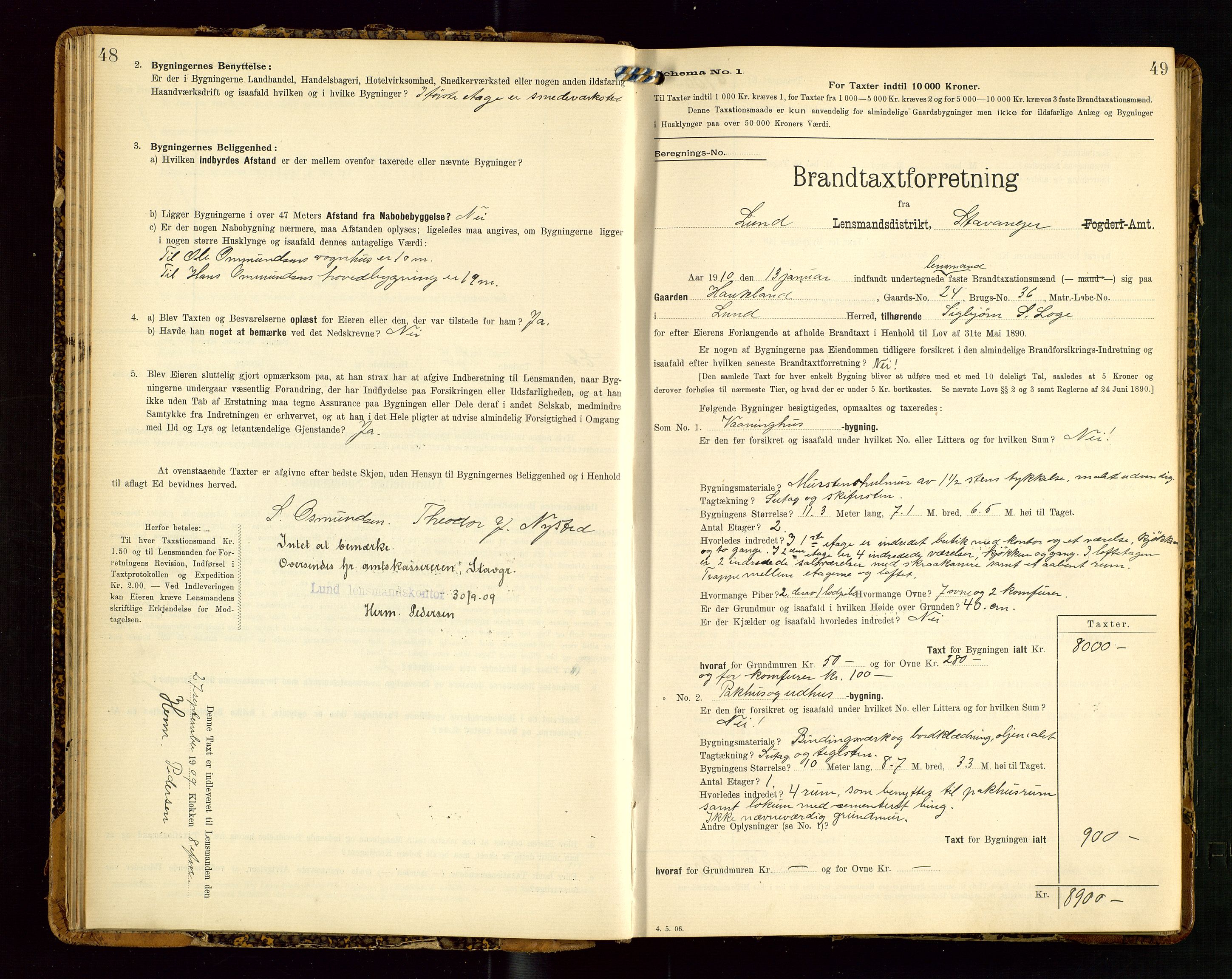 Lund lensmannskontor, SAST/A-100303/Gob/L0002: "Brandtakstprotokol", 1908-1918, s. 48-49