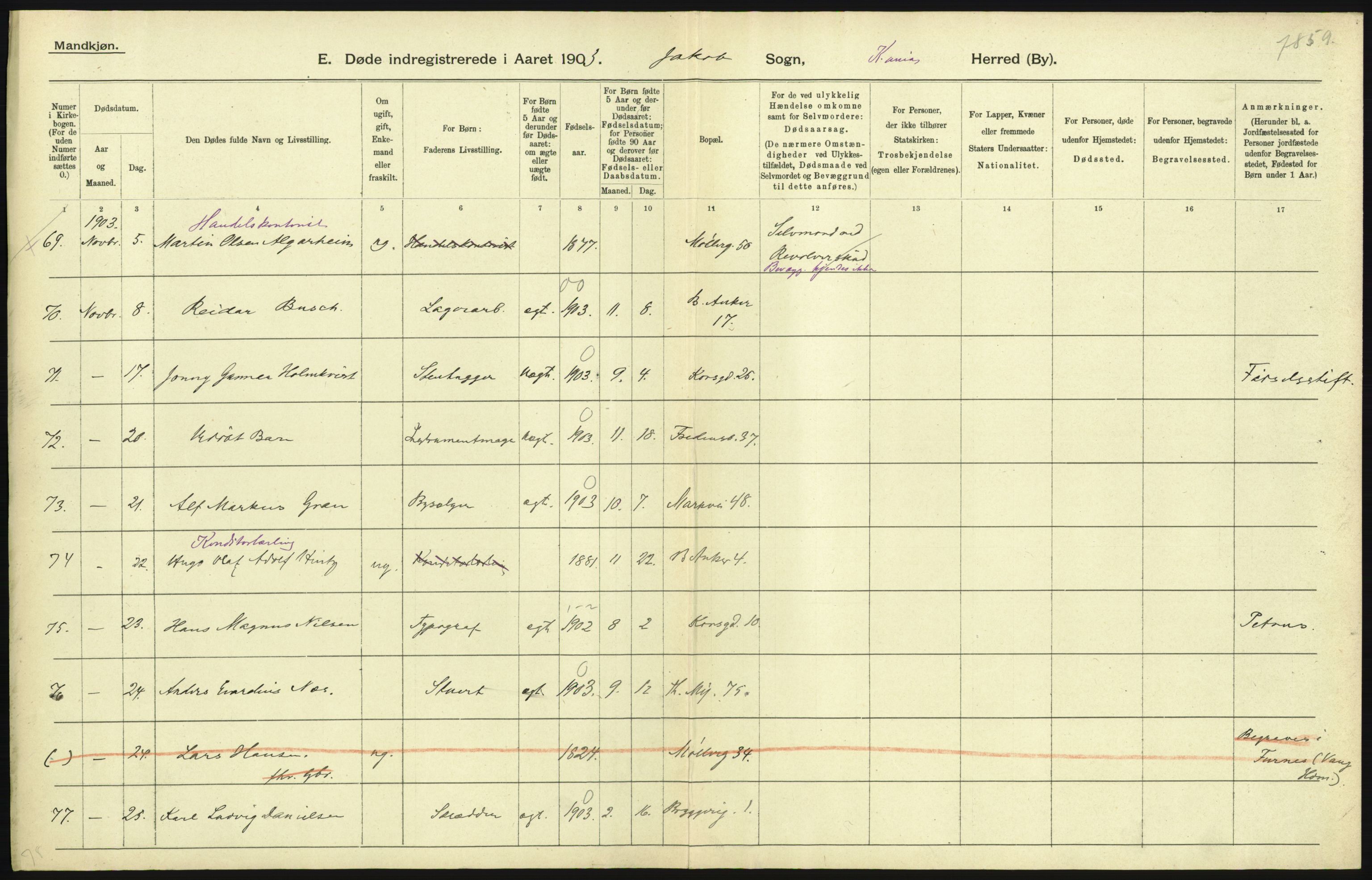 Statistisk sentralbyrå, Sosiodemografiske emner, Befolkning, AV/RA-S-2228/D/Df/Dfa/Dfaa/L0004: Kristiania: Gifte, døde, 1903, s. 225