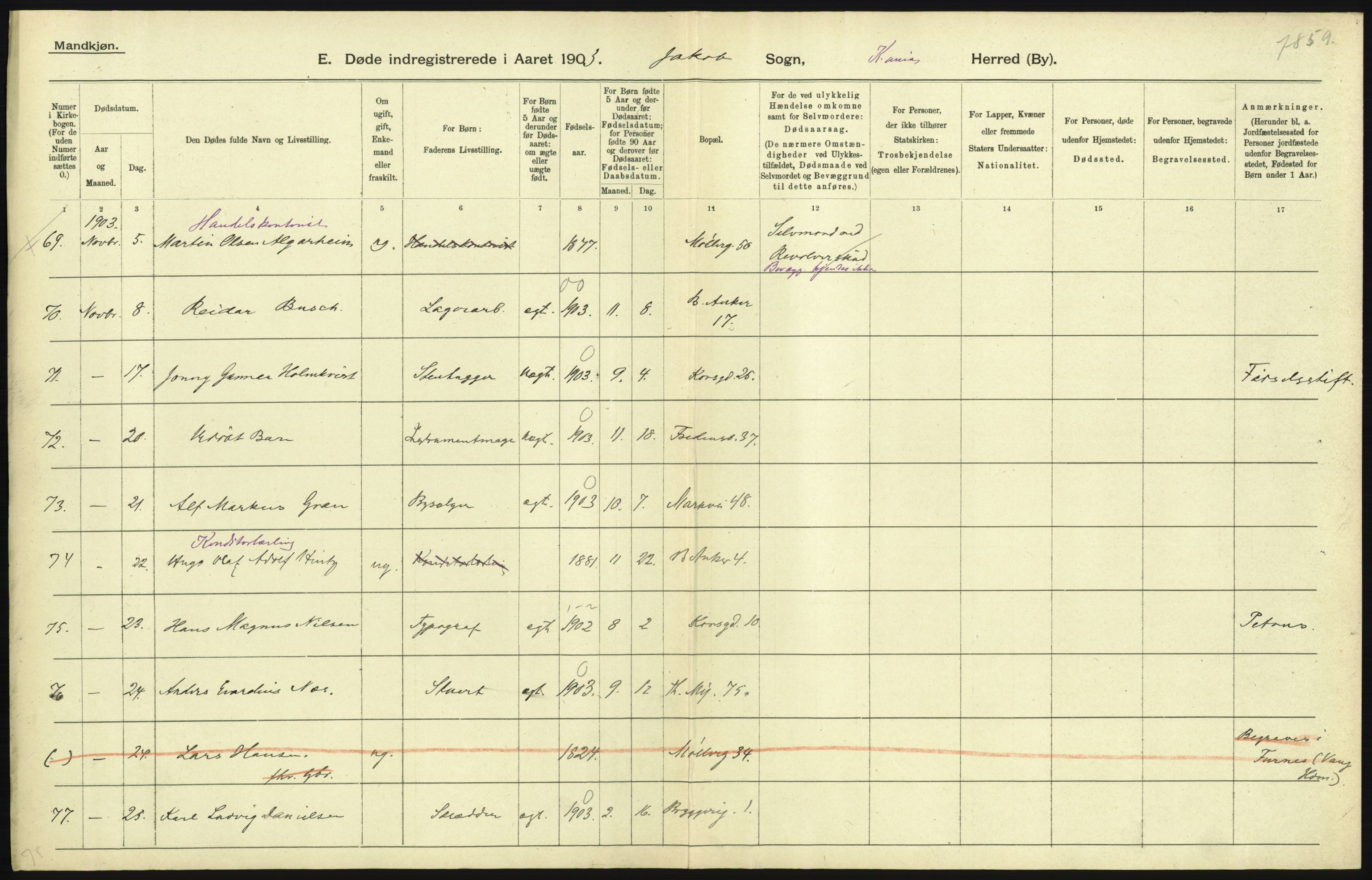 Statistisk sentralbyrå, Sosiodemografiske emner, Befolkning, AV/RA-S-2228/D/Df/Dfa/Dfaa/L0004: Kristiania: Gifte, døde, 1903, s. 225