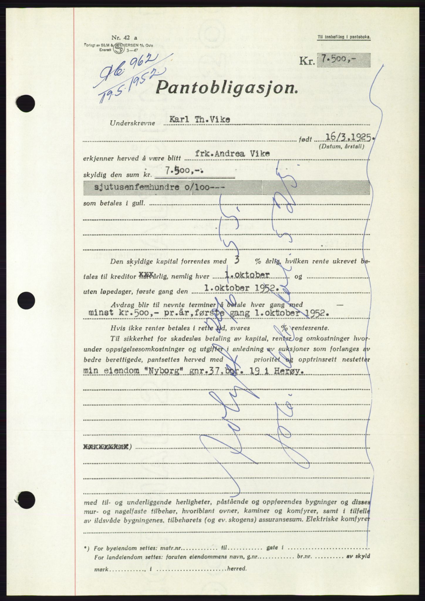 Søre Sunnmøre sorenskriveri, AV/SAT-A-4122/1/2/2C/L0121: Pantebok nr. 9B, 1951-1952, Dagboknr: 962/1952