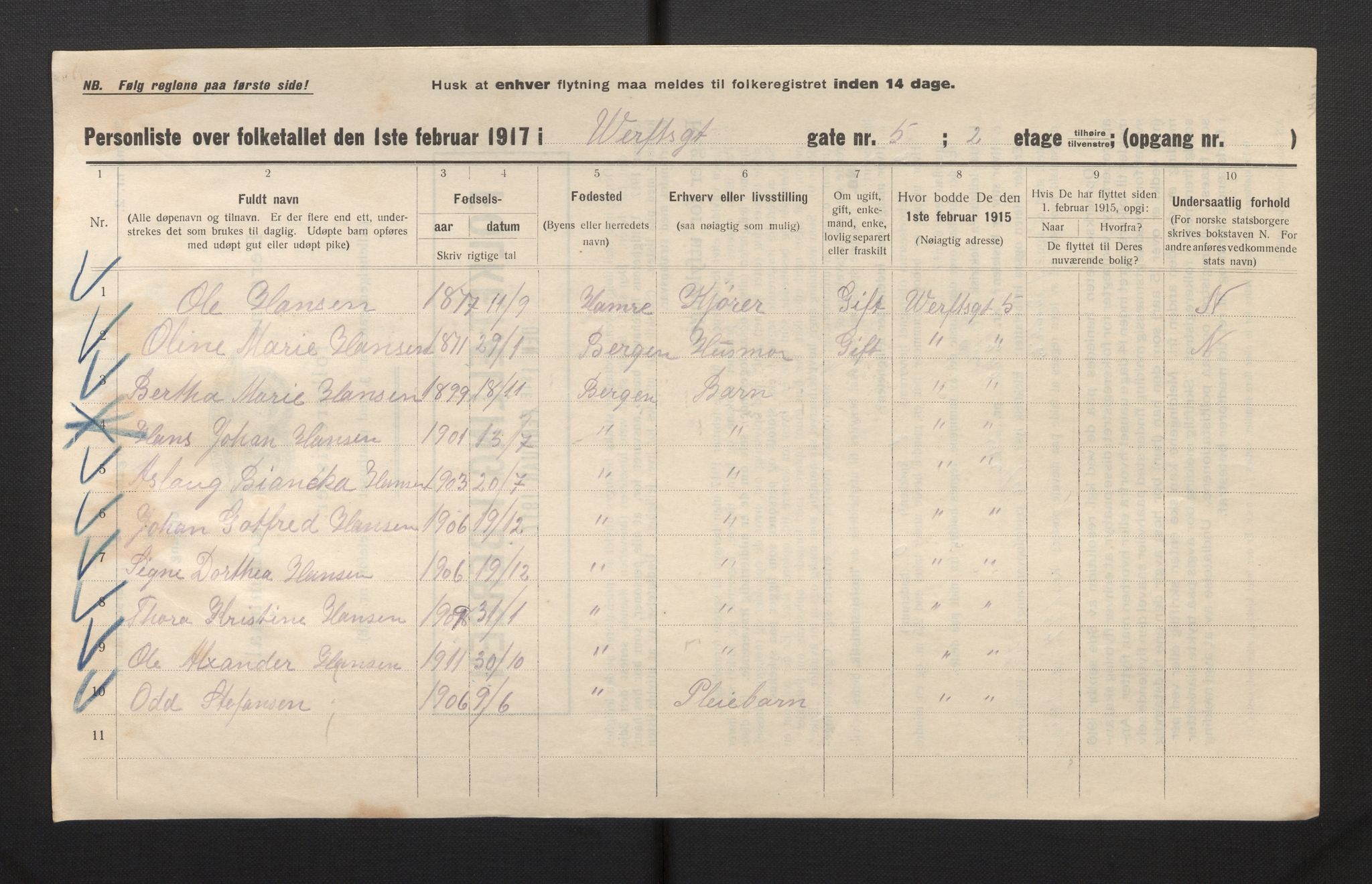 SAB, Kommunal folketelling 1917 for Bergen kjøpstad, 1917, s. 43855
