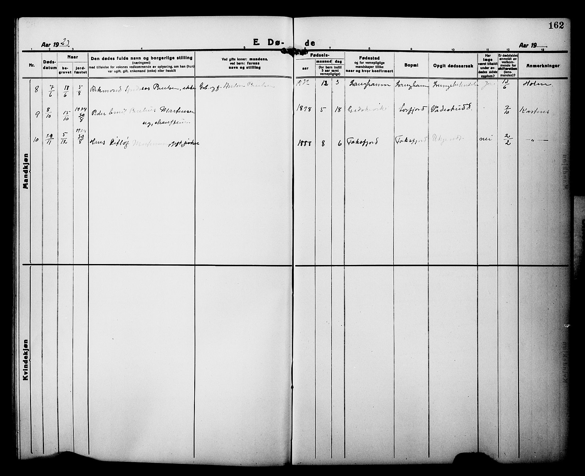 Tranøy sokneprestkontor, SATØ/S-1313/I/Ia/Iab/L0015klokker: Klokkerbok nr. 15, 1918-1930, s. 162