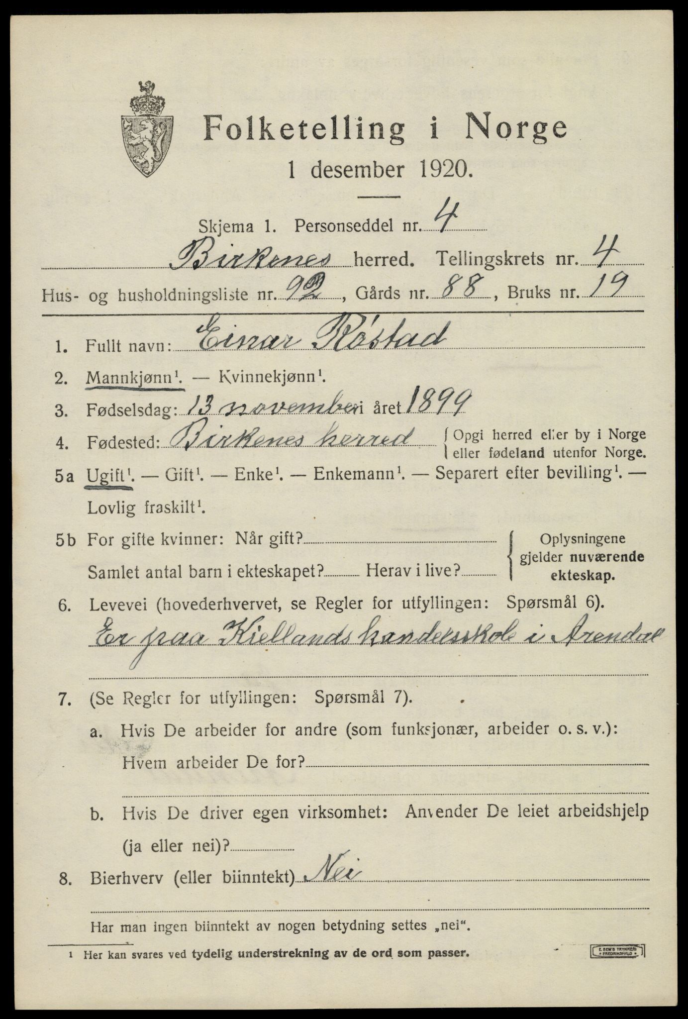 SAK, Folketelling 1920 for 0928 Birkenes herred, 1920, s. 2999