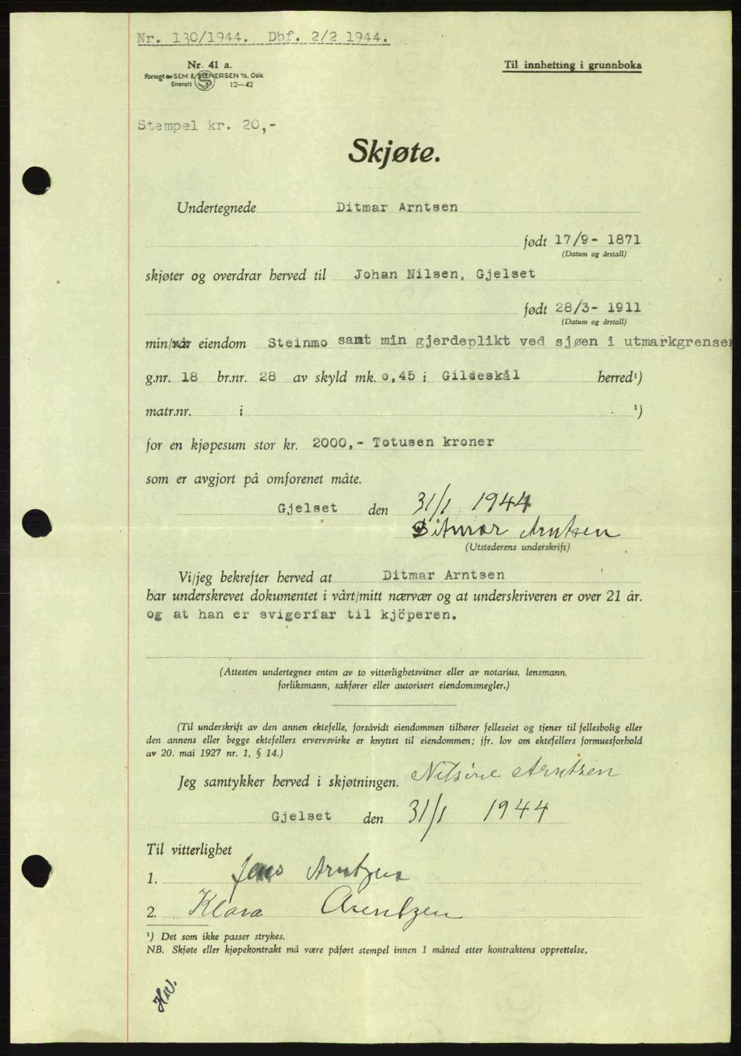 Salten sorenskriveri, SAT/A-4578/1/2/2C: Pantebok nr. A14-15, 1943-1945, Dagboknr: 130/1944