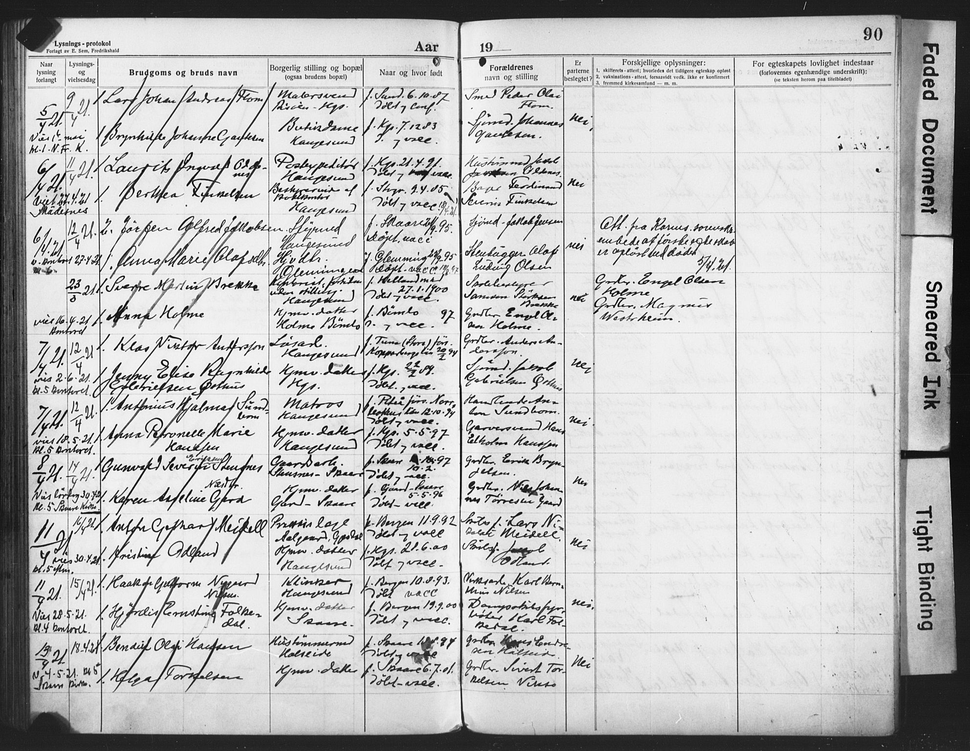 Haugesund sokneprestkontor, AV/SAST-A -101863/I/Ie/L0003: Lysningsprotokoll nr. VIII 3, 1916-1921, s. 90