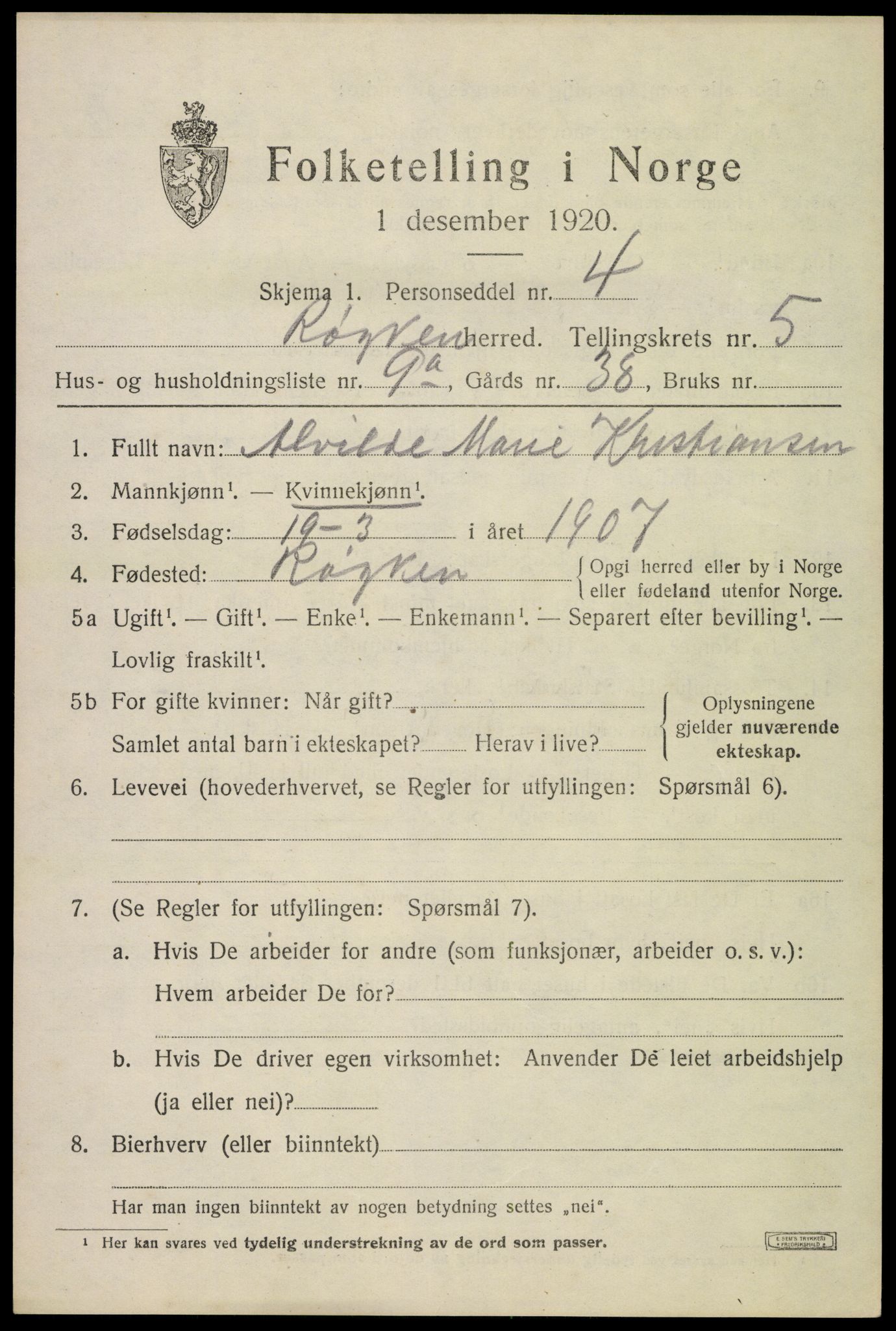 SAKO, Folketelling 1920 for 0627 Røyken herred, 1920, s. 6938
