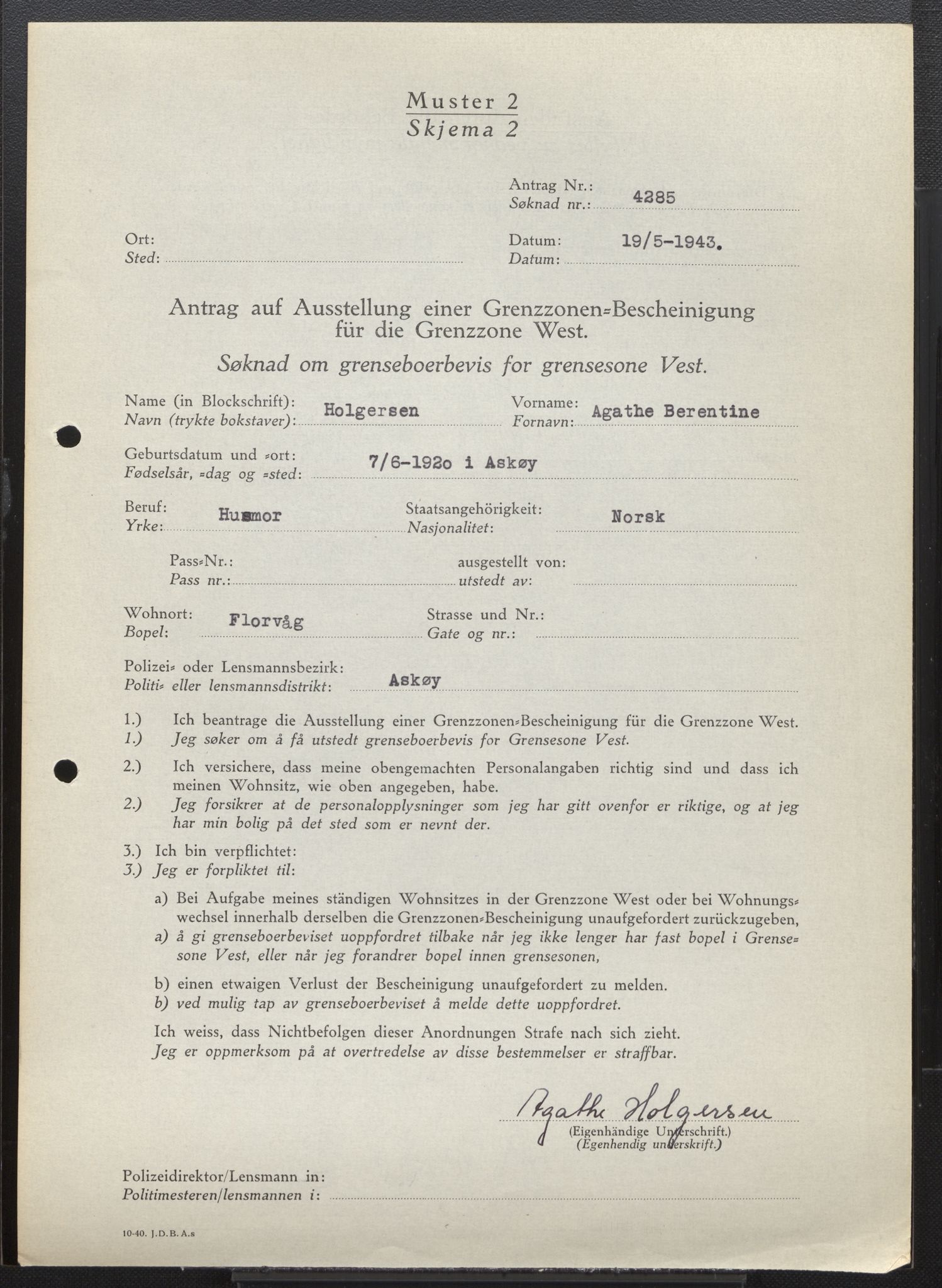 Lensmannen i Askøy, AV/SAB-A-31001/0026/L0012: Søknader om grensebuarbevis 3826 - 4350, 1942-1943, s. 525