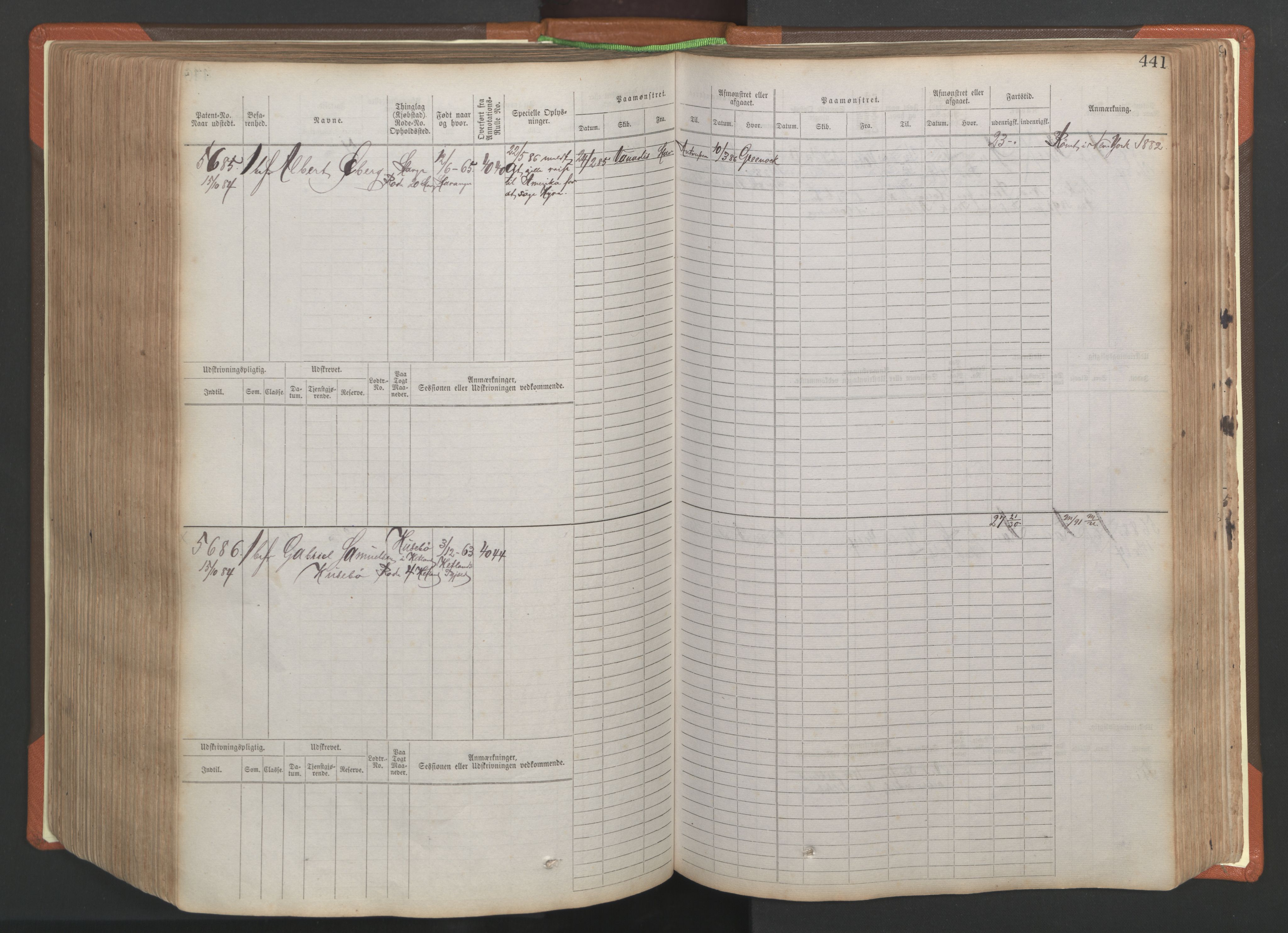 Stavanger sjømannskontor, AV/SAST-A-102006/F/Fb/Fbb/L0009: Sjøfartshovedrulle, patentnr. 4805-6006, 1879-1887, s. 447