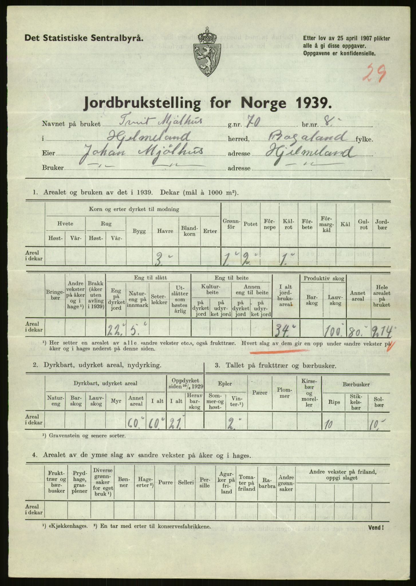 Statistisk sentralbyrå, Næringsøkonomiske emner, Jordbruk, skogbruk, jakt, fiske og fangst, AV/RA-S-2234/G/Gb/L0184: Rogaland: Årdal, Fister og Hjelmeland, 1939, s. 1283