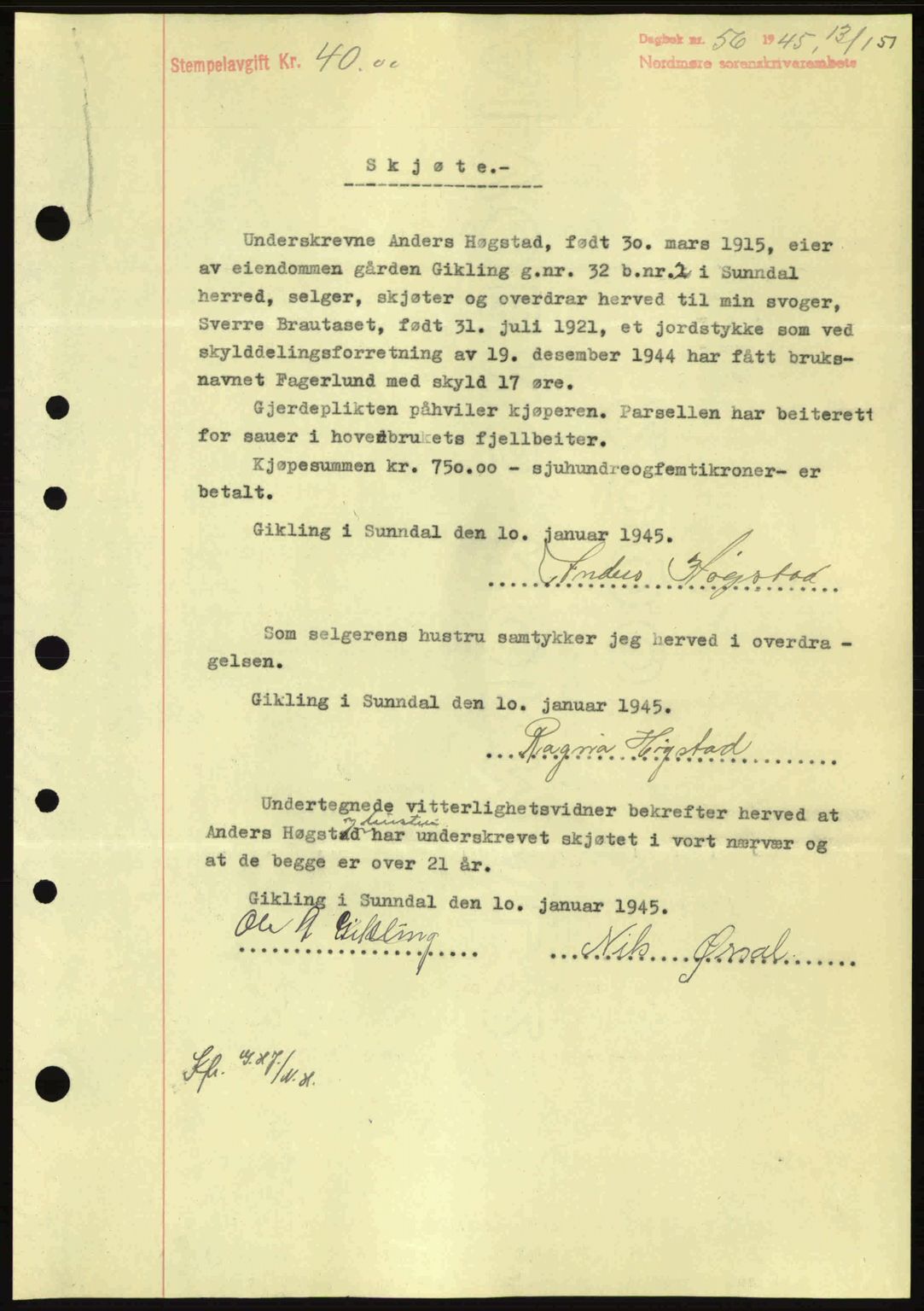 Nordmøre sorenskriveri, SAT/A-4132/1/2/2Ca: Pantebok nr. A99, 1945-1945, Dagboknr: 56/1945
