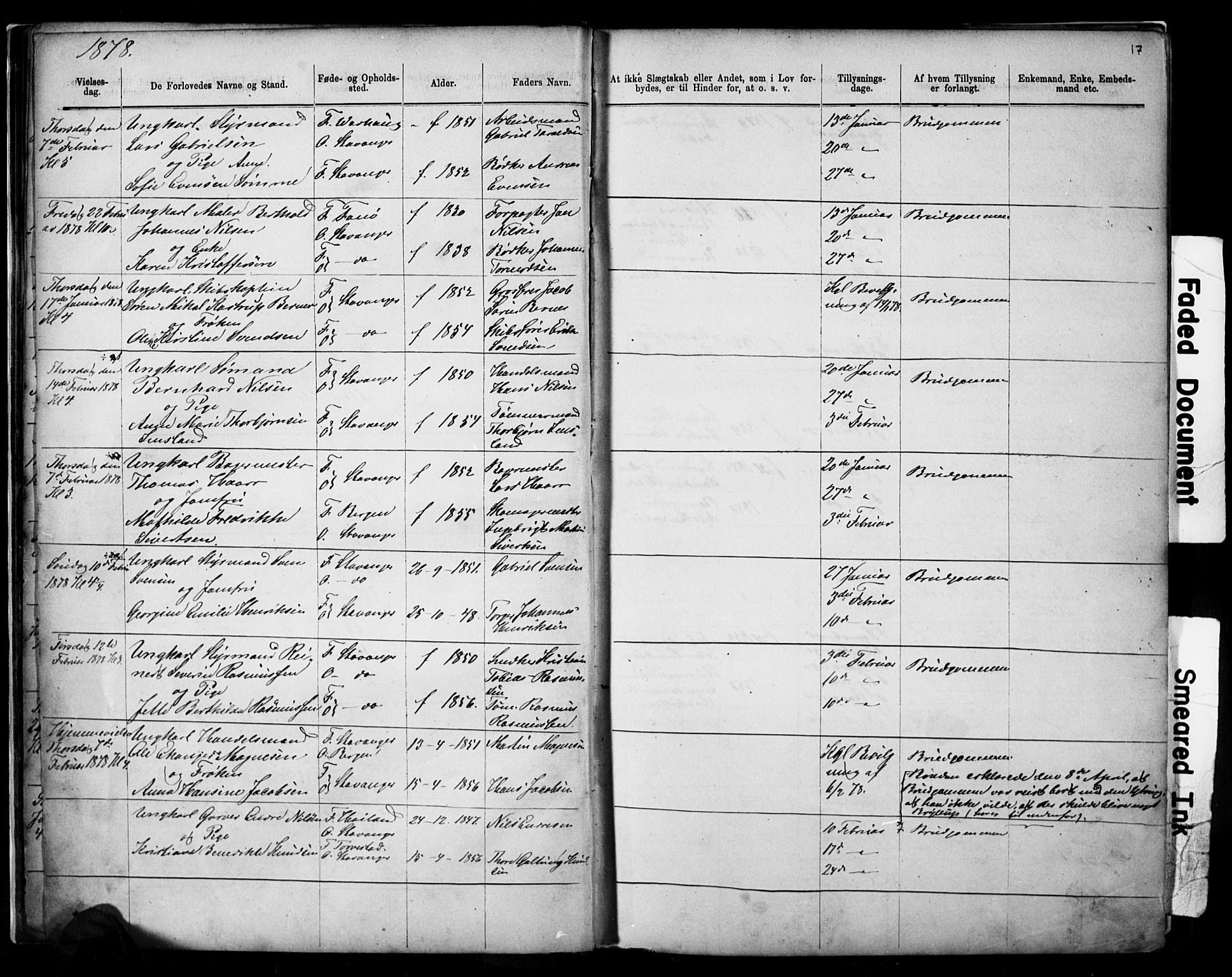 Domkirken sokneprestkontor, AV/SAST-A-101812/001/30/30BB/L0014: Klokkerbok nr. B 14, 1875-1902, s. 17