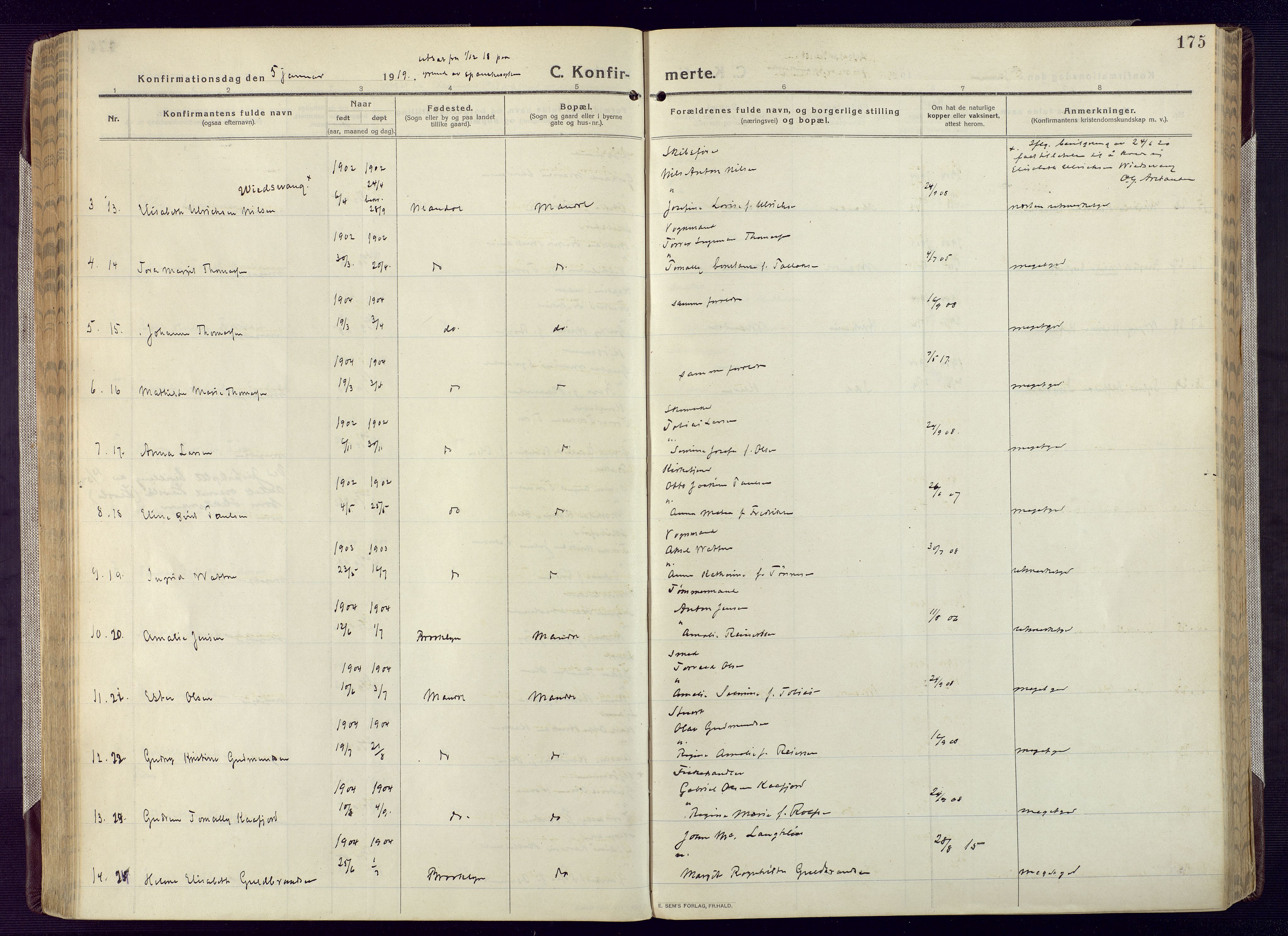 Mandal sokneprestkontor, SAK/1111-0030/F/Fa/Fac/L0001: Ministerialbok nr. A 1, 1913-1925, s. 175