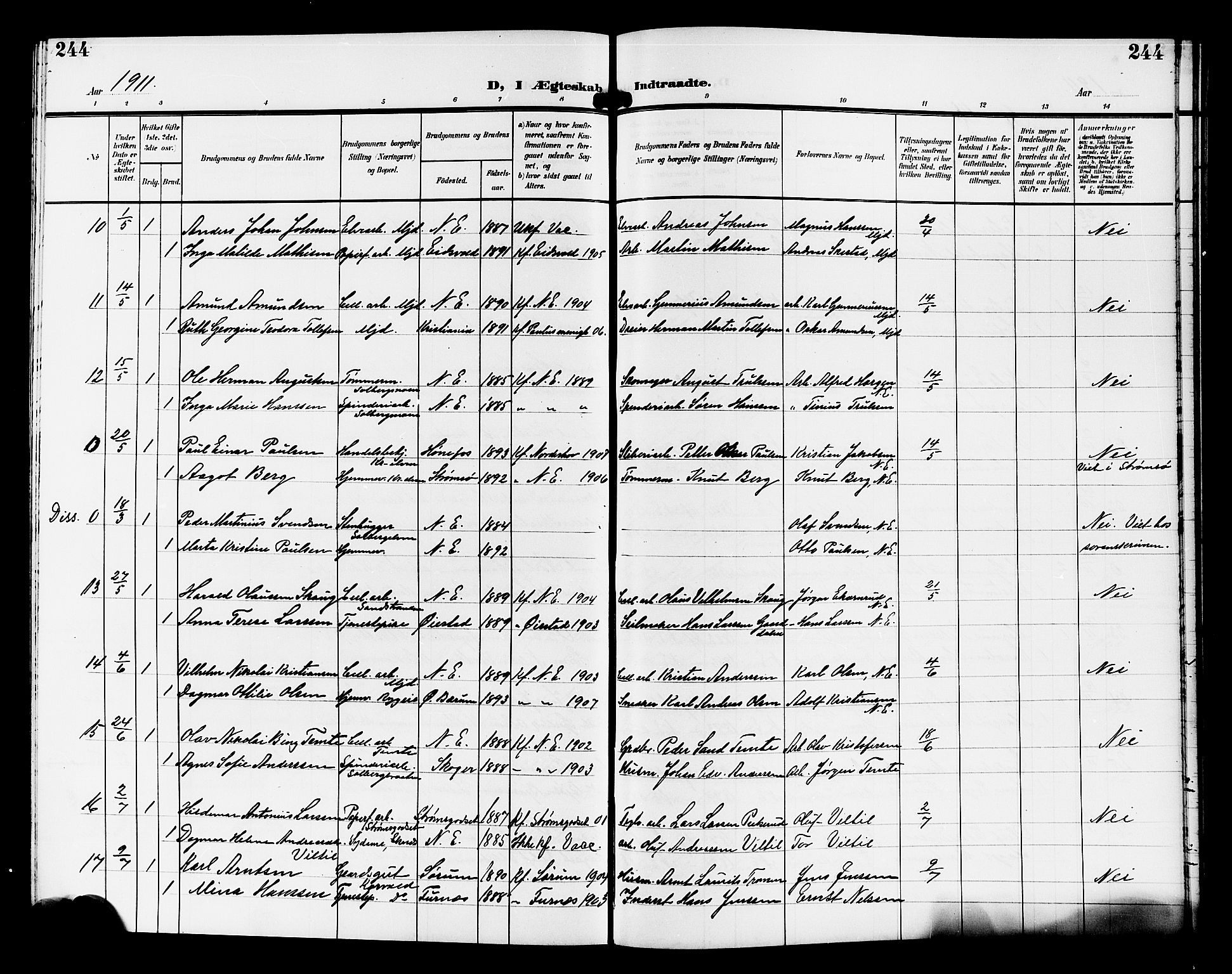 Nedre Eiker kirkebøker, AV/SAKO-A-612/G/Ga/L0004: Klokkerbok nr. 4, 1905-1912, s. 244