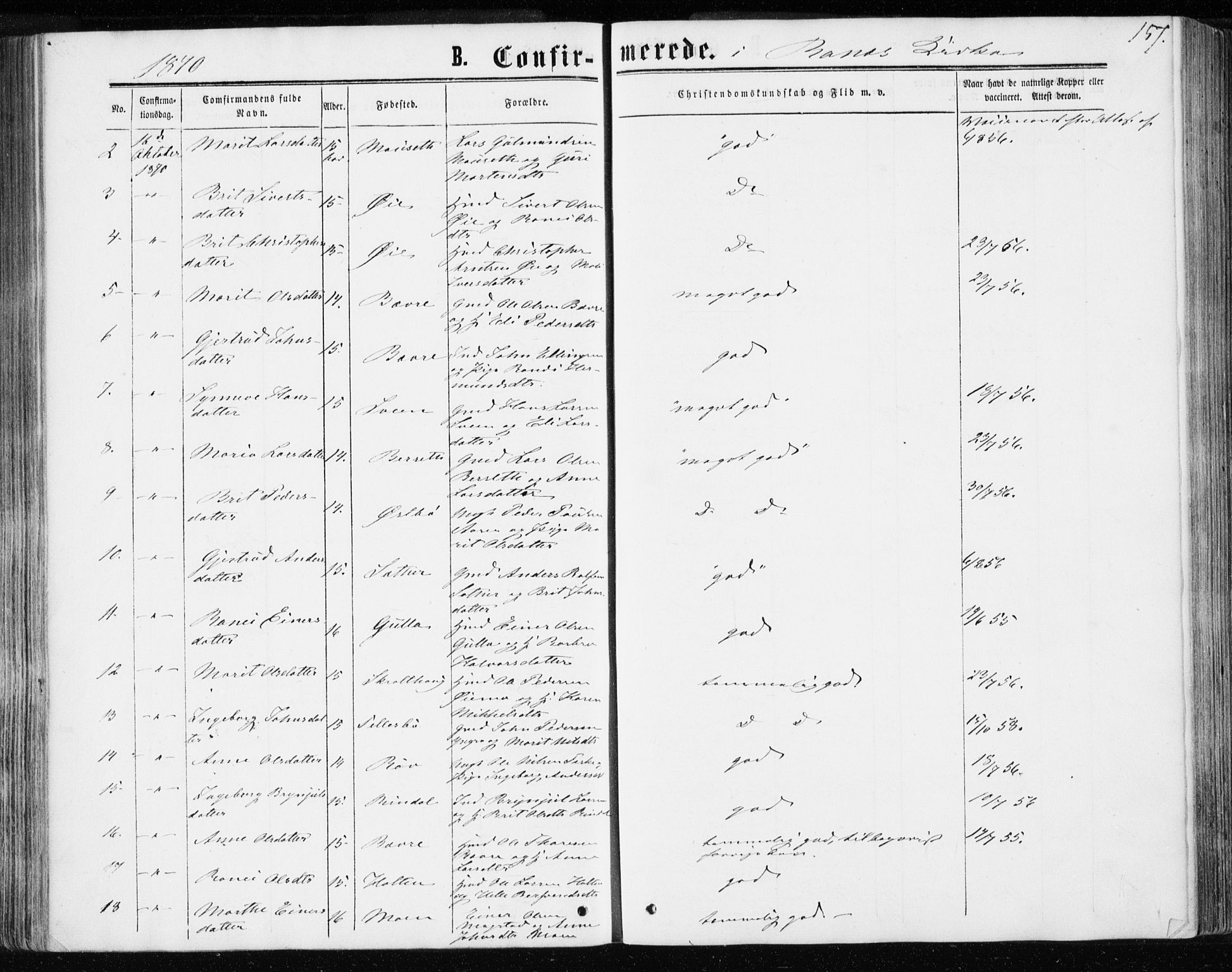 Ministerialprotokoller, klokkerbøker og fødselsregistre - Møre og Romsdal, AV/SAT-A-1454/595/L1045: Ministerialbok nr. 595A07, 1863-1873, s. 157