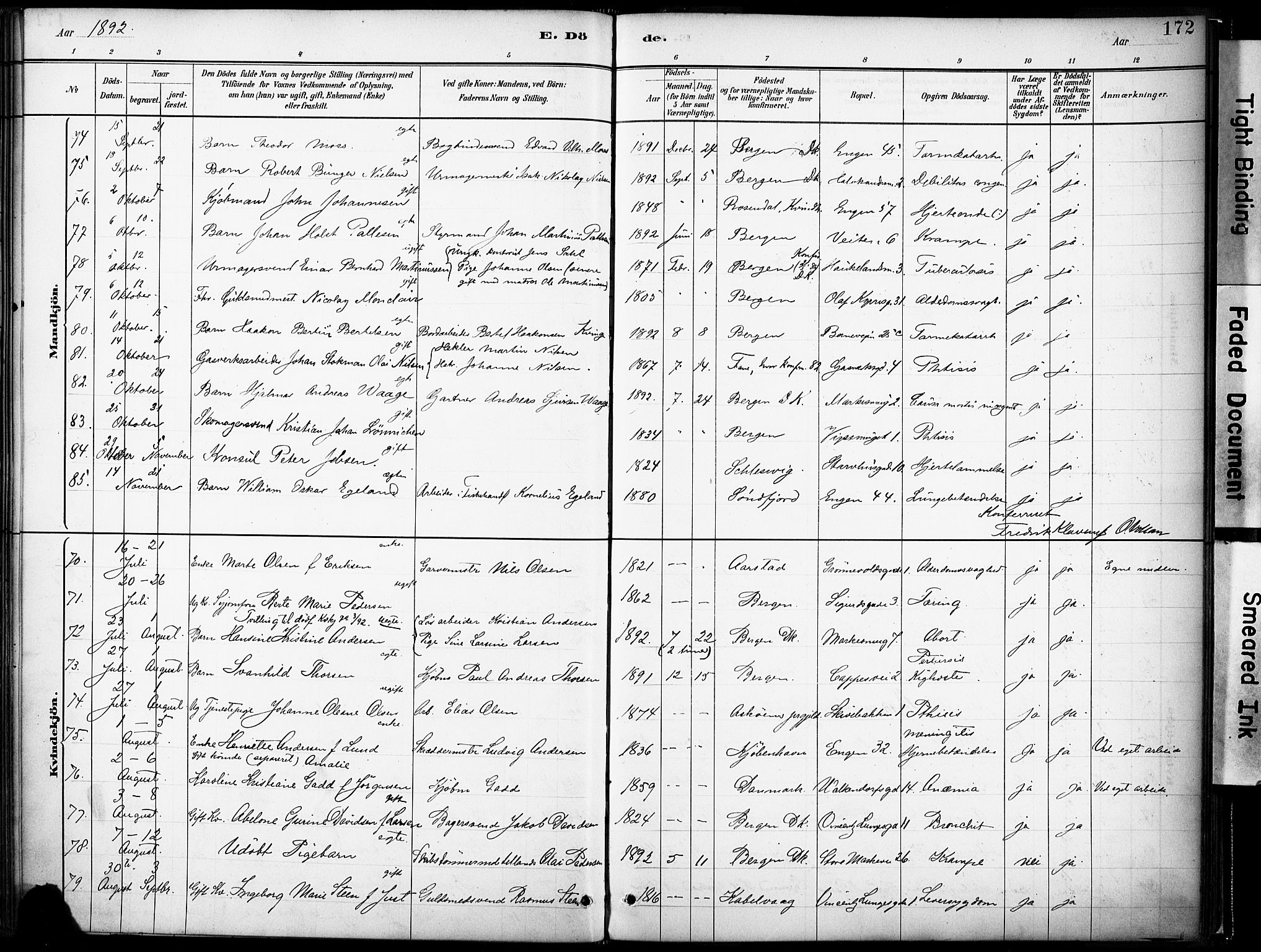 Domkirken sokneprestembete, AV/SAB-A-74801/H/Haa/L0043: Ministerialbok nr. E 5, 1882-1904, s. 172