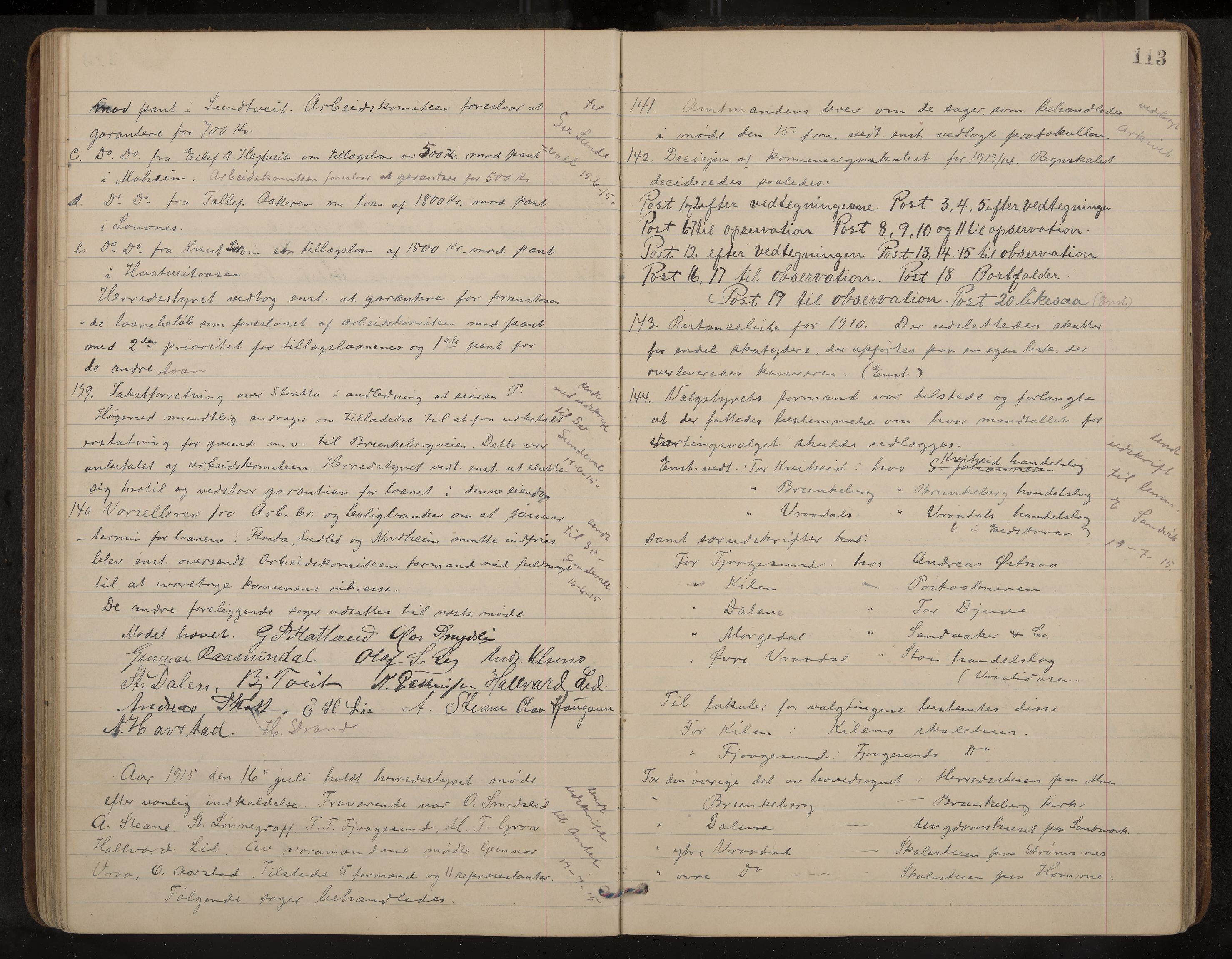 Kviteseid formannskap og sentraladministrasjon, IKAK/0829021/A/Aa/L0005: Møtebok, 1911-1918, s. 113