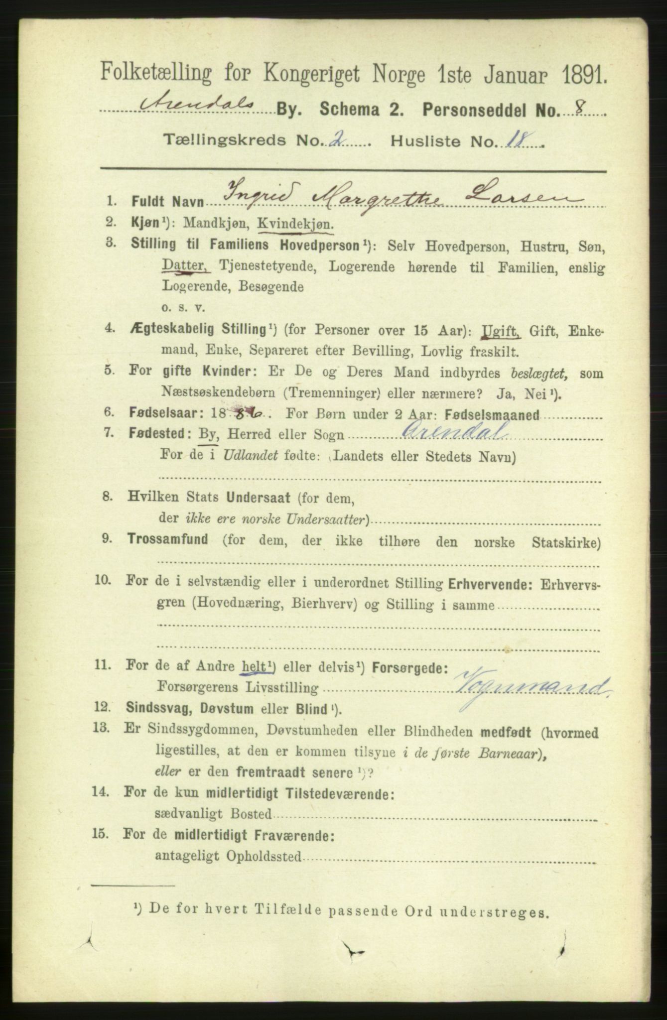 RA, Folketelling 1891 for 0903 Arendal kjøpstad, 1891, s. 1432