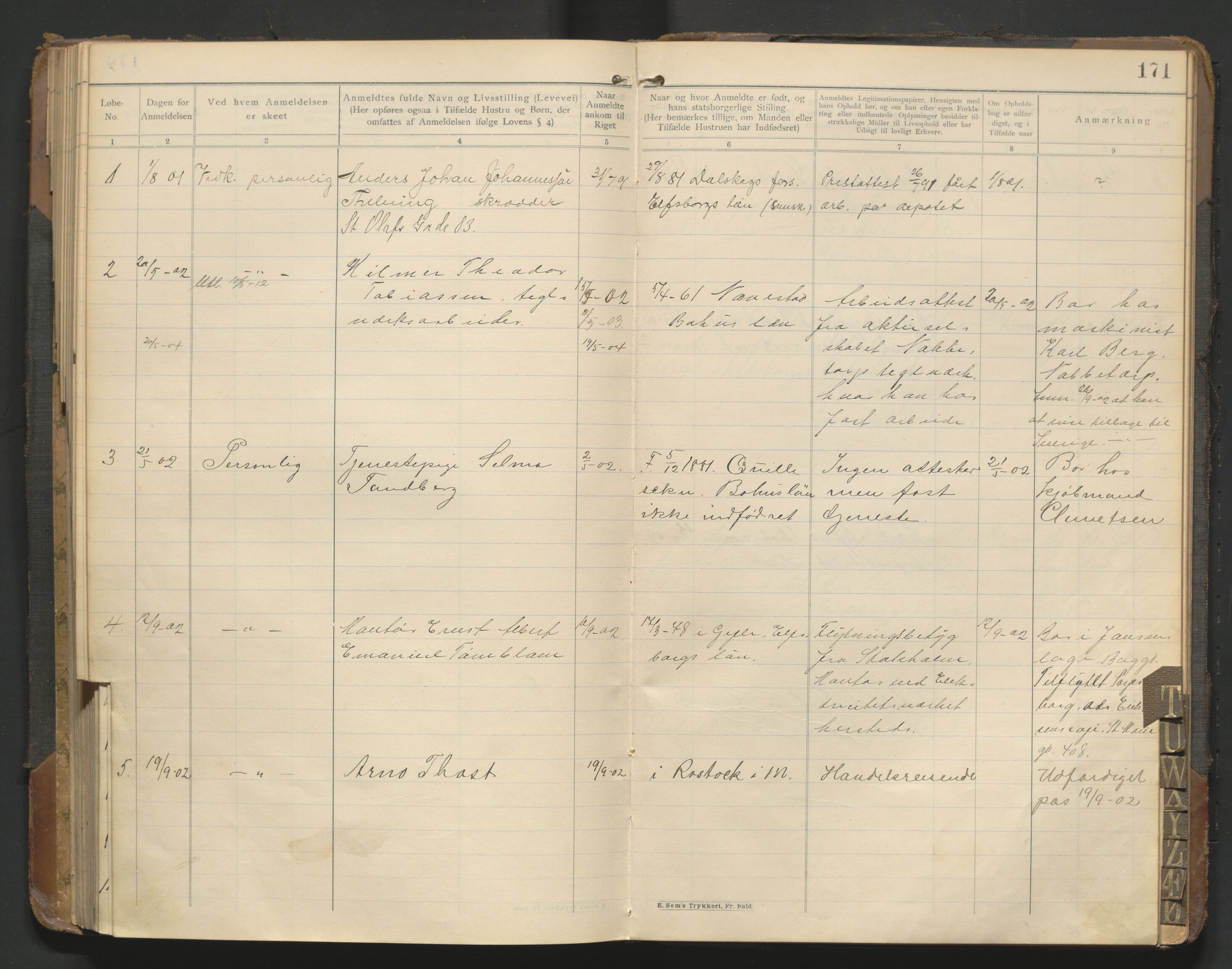 Fredrikstad politikammer, AV/SAO-A-10055/H/Hb/Hba/L0001: Protokoll over fremmede statsborgere, 1901-1916, s. 170b-171a