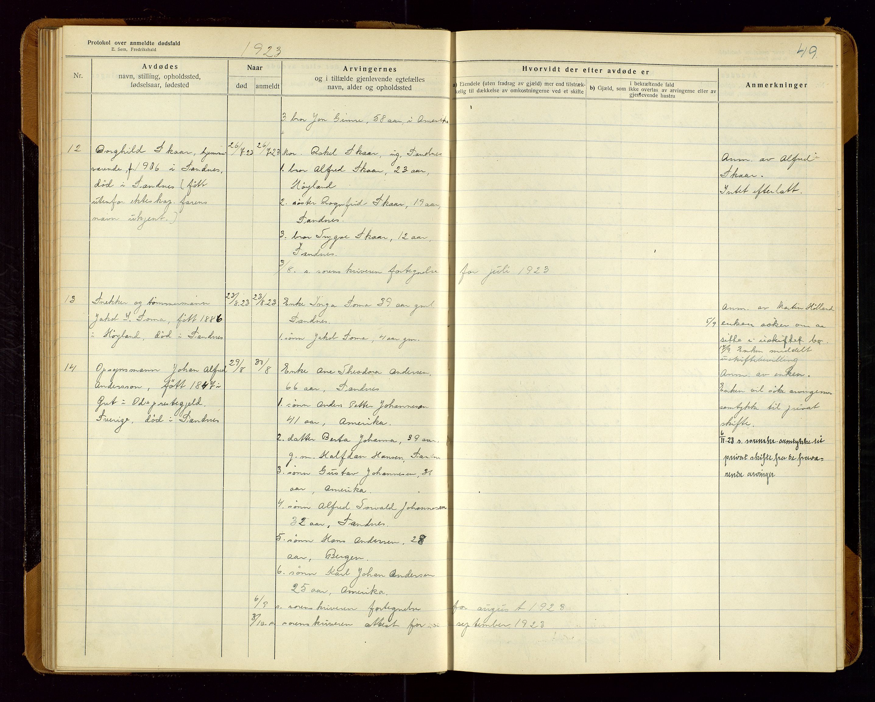 Sandnes lensmannskontor, SAST/A-100167/Gga/L0001: "Protokol over anmeldte dødsfald" m/register, 1918-1940, s. 49