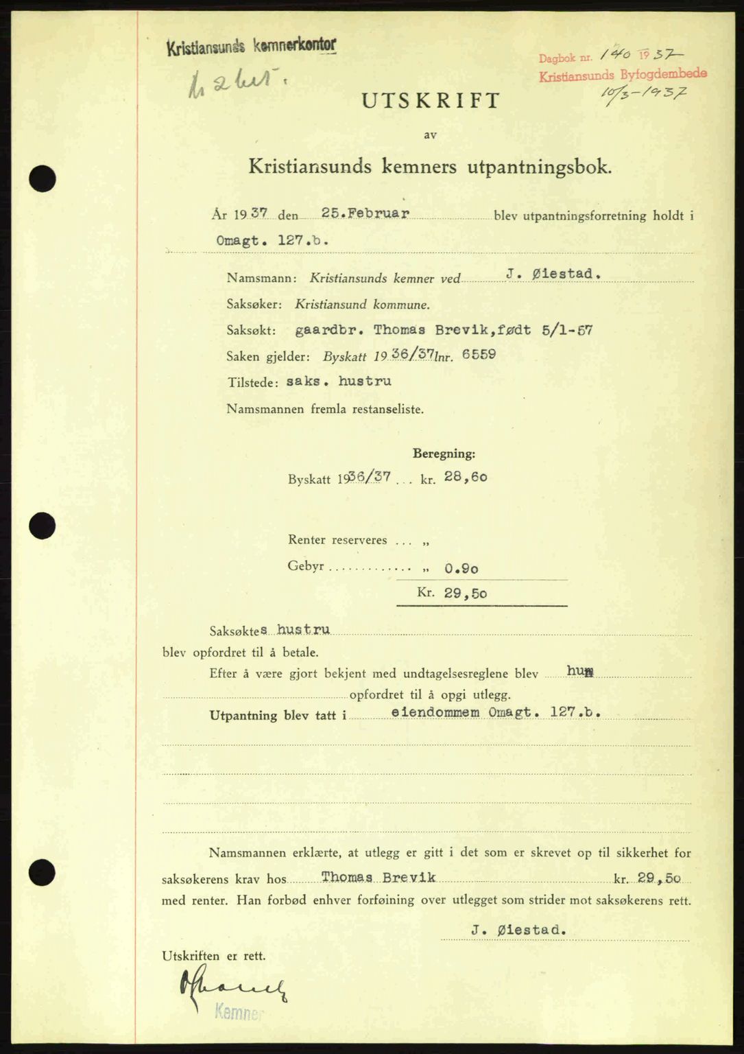 Kristiansund byfogd, SAT/A-4587/A/27: Pantebok nr. 29, 1936-1937, Dagboknr: 140/1937