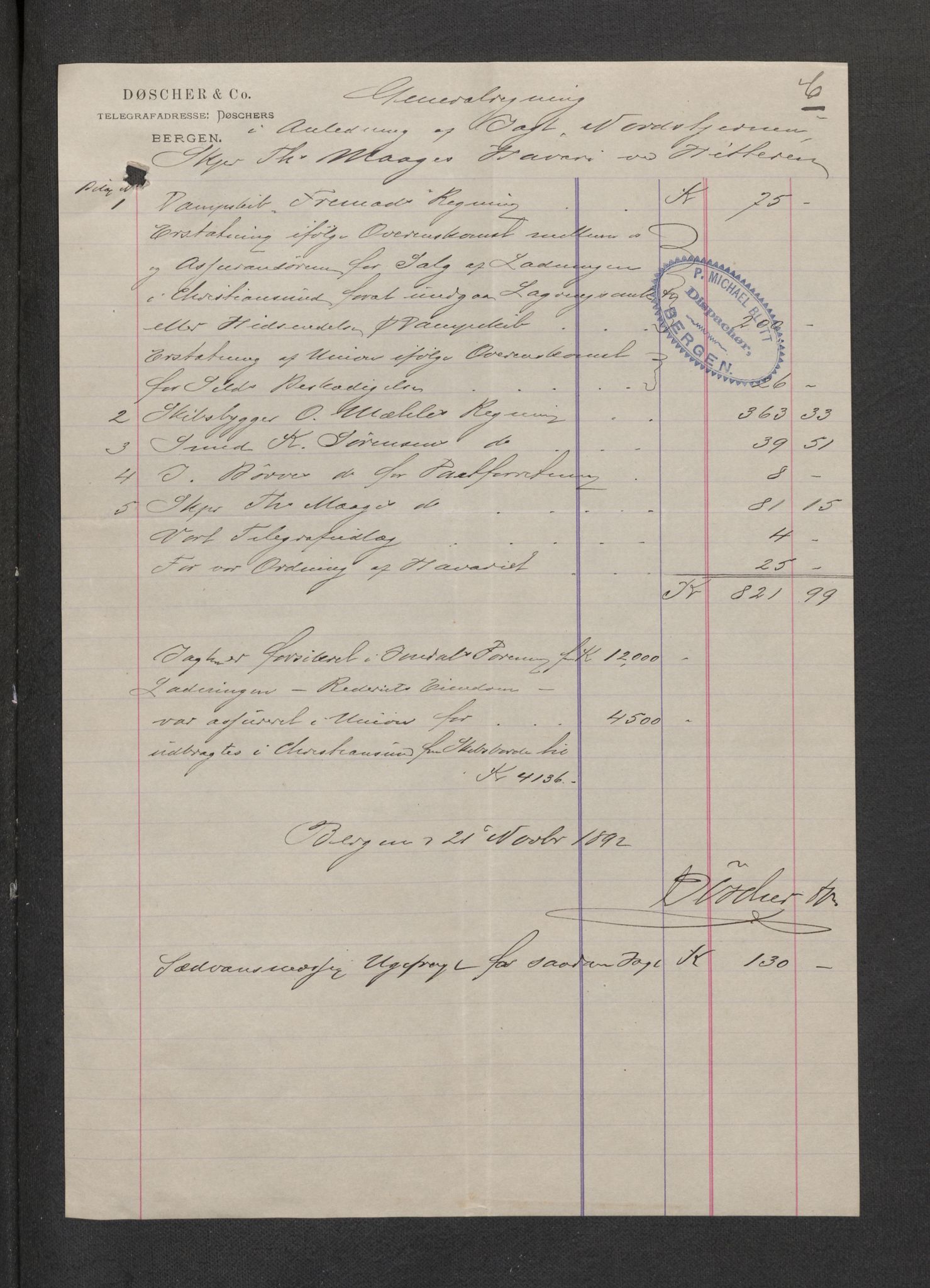 Jondal Skipsassuranseforening, AV/SAB-SAB/PA-0276/E/L0075: Korrespondanse , 1892