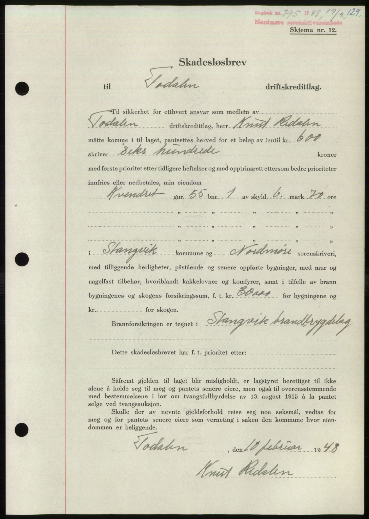 Nordmøre sorenskriveri, SAT/A-4132/1/2/2Ca: Pantebok nr. B98, 1948-1948, Dagboknr: 395/1948