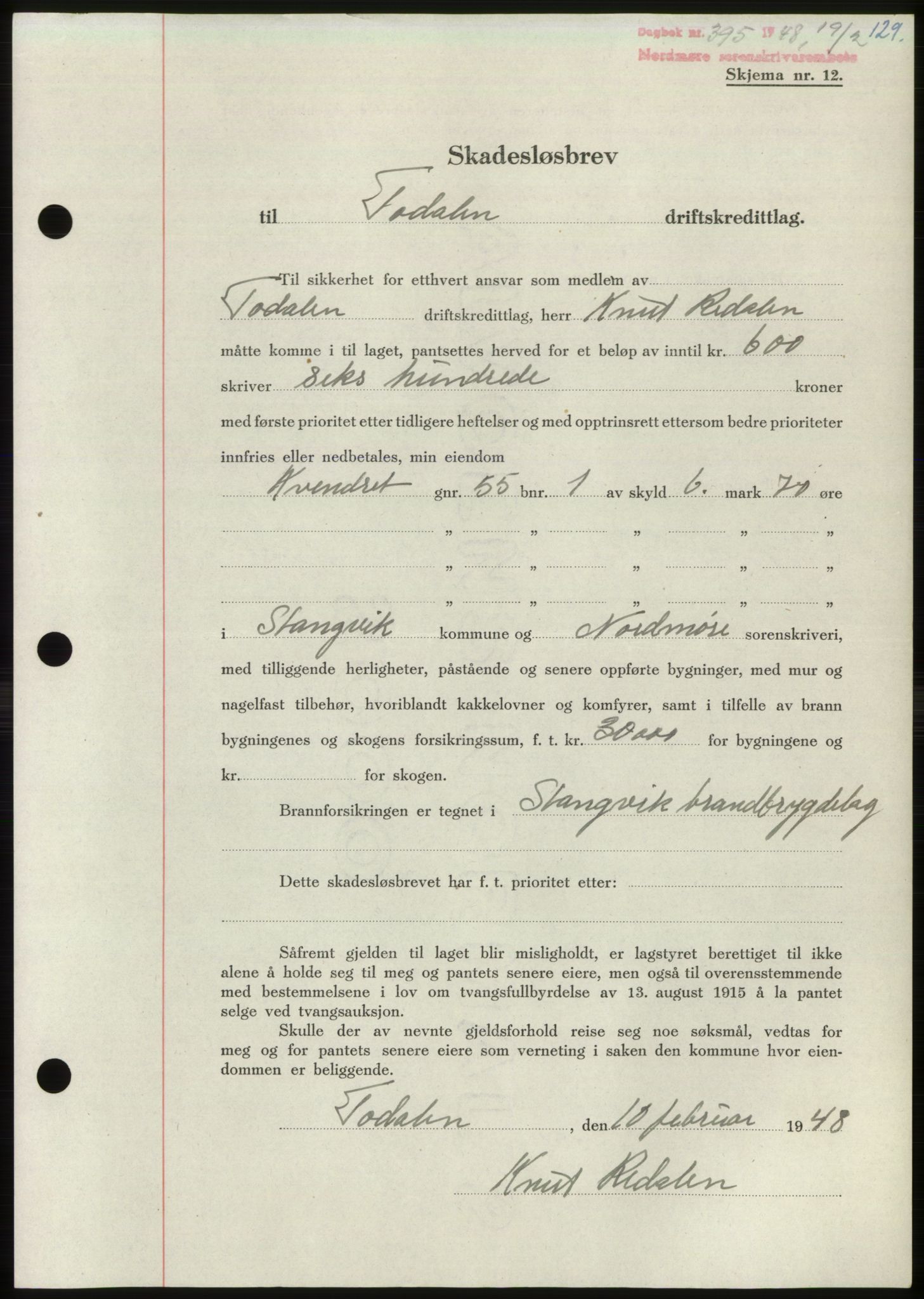 Nordmøre sorenskriveri, AV/SAT-A-4132/1/2/2Ca: Pantebok nr. B98, 1948-1948, Dagboknr: 395/1948