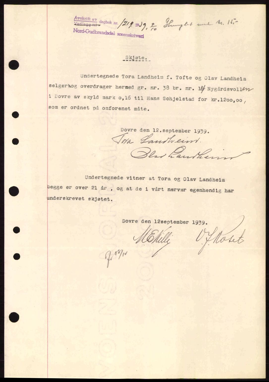 Nord-Gudbrandsdal tingrett, SAH/TING-002/H/Hb/Hbb/L0005: Pantebok nr. FA5, 1939-1940, Dagboknr: 1219/1939