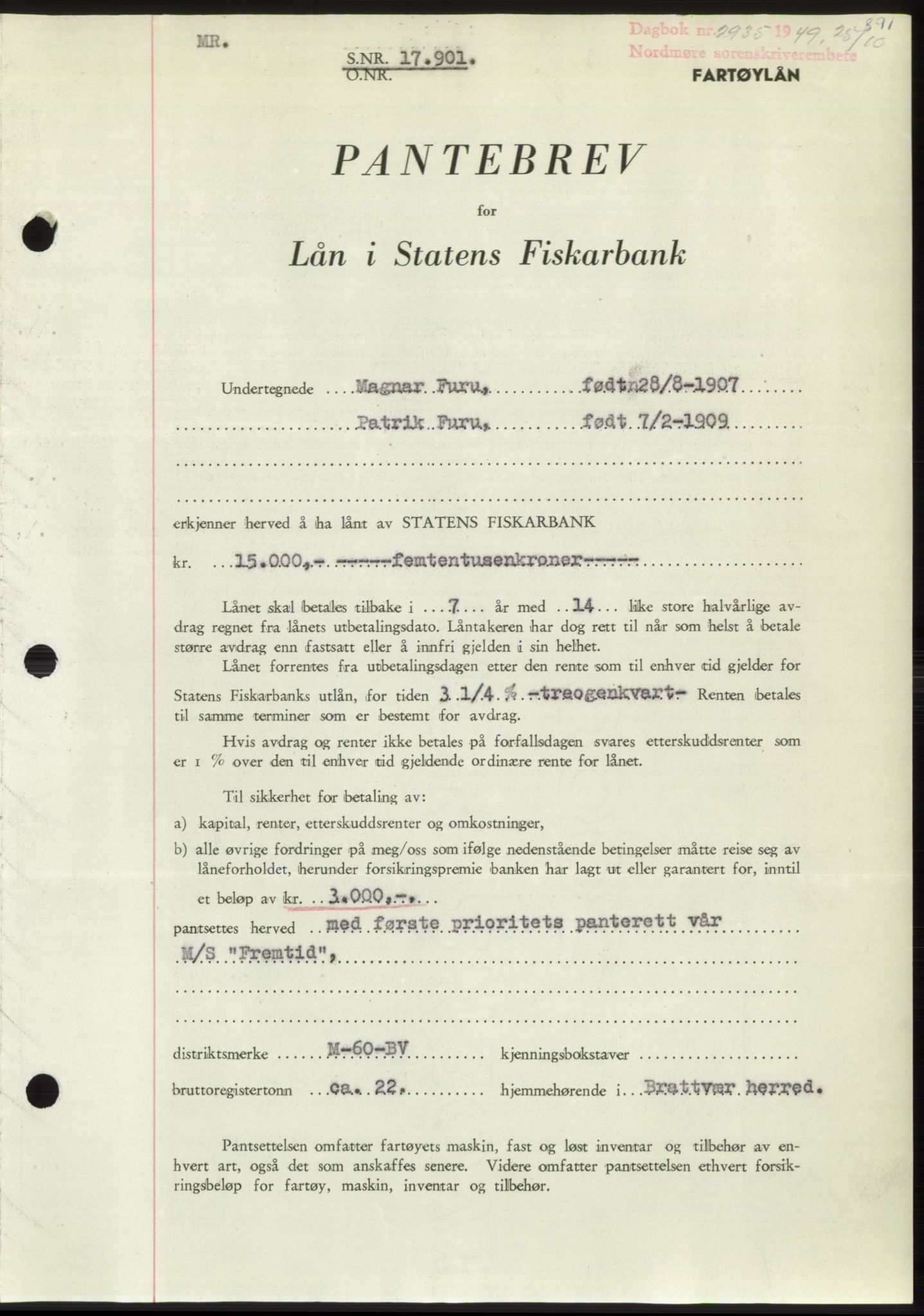 Nordmøre sorenskriveri, SAT/A-4132/1/2/2Ca: Pantebok nr. B102, 1949-1949, Dagboknr: 2935/1949