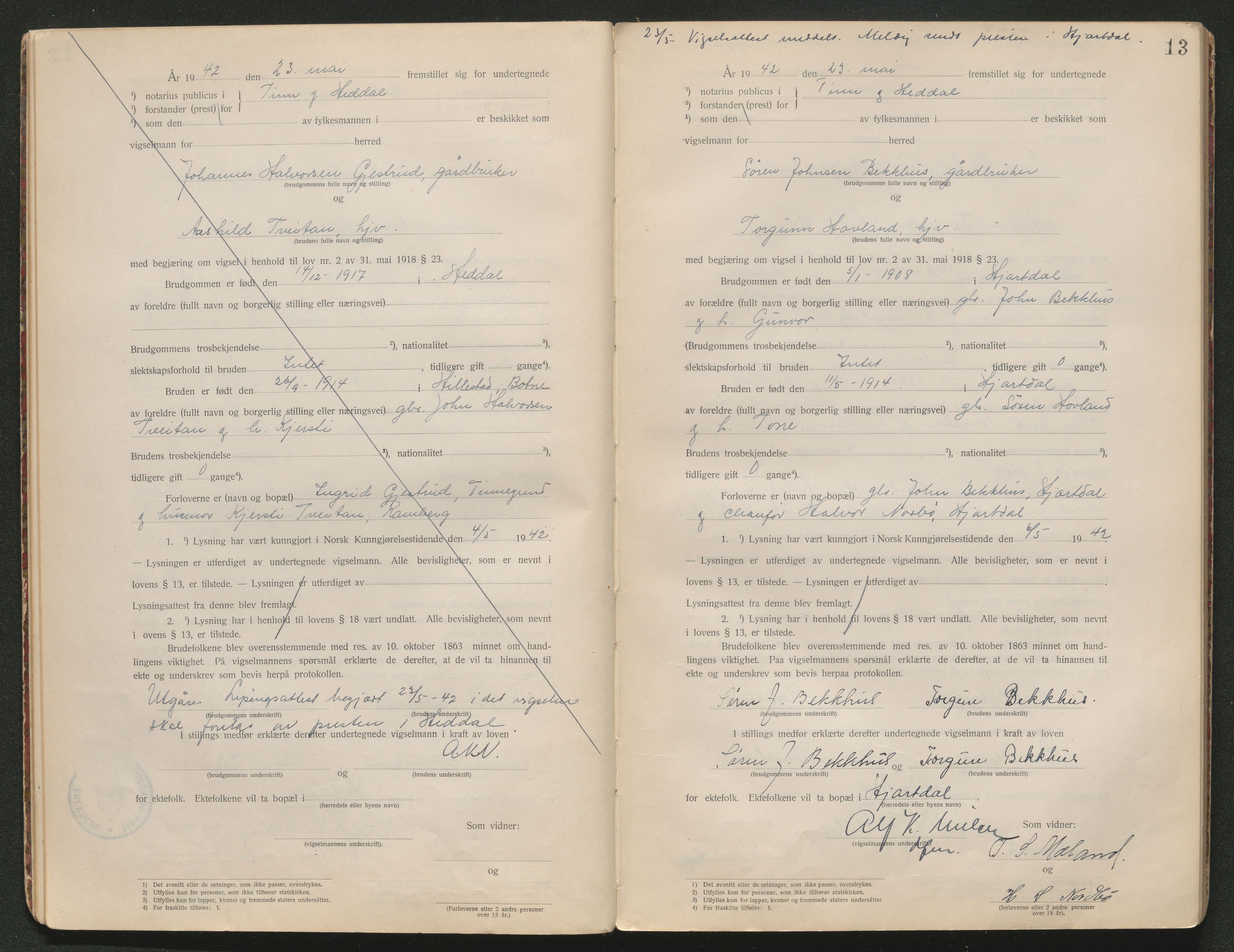 Tinn og Heddal sorenskriveri, AV/SAKO-A-212/L/La/L0003: Vigselsbok - , 1920-1945, s. 13
