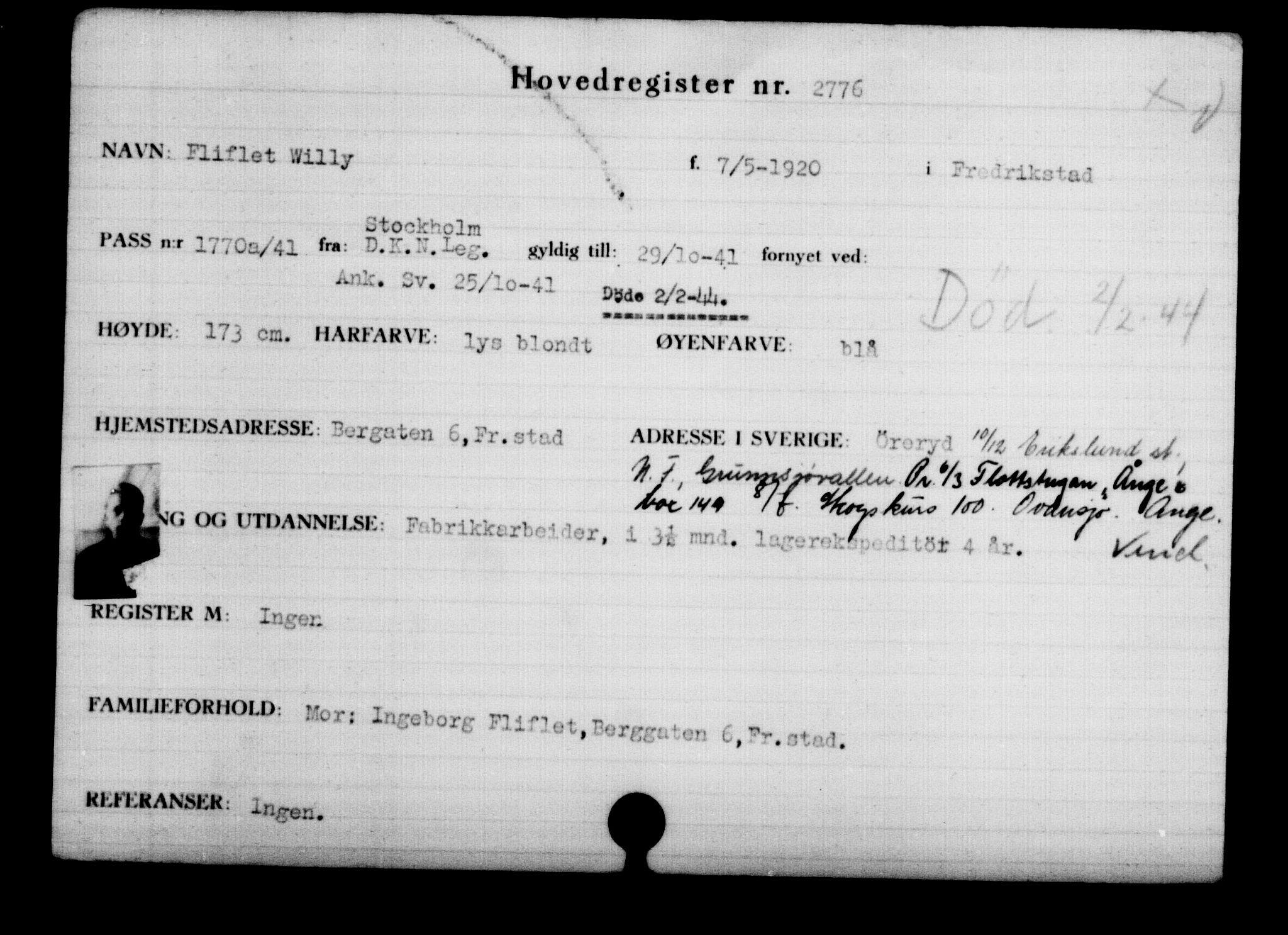 Utenriksstasjonene, Legasjonen i Stockholm, Flyktningkontoret, AV/RA-S-6753/V/Va/L0003: Kjesäterkartoteket, flyktninger med registreringsnr. 2001-3495, 1940-1945, s. 1168