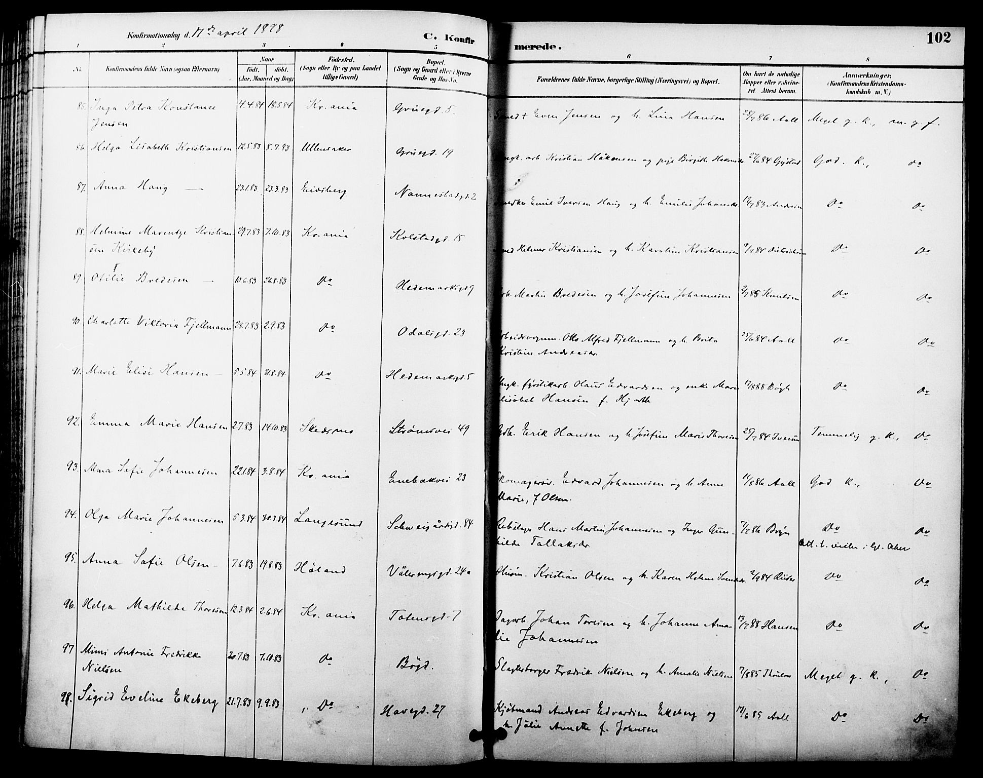 Kampen prestekontor Kirkebøker, SAO/A-10853/F/Fa/L0008: Ministerialbok nr. I 8, 1892-1902, s. 102