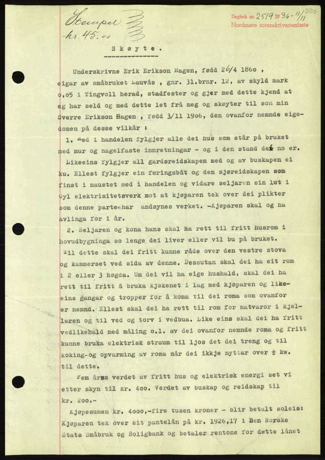 Nordmøre sorenskriveri, SAT/A-4132/1/2/2Ca: Pantebok nr. A80, 1936-1937, Dagboknr: 2519/1936
