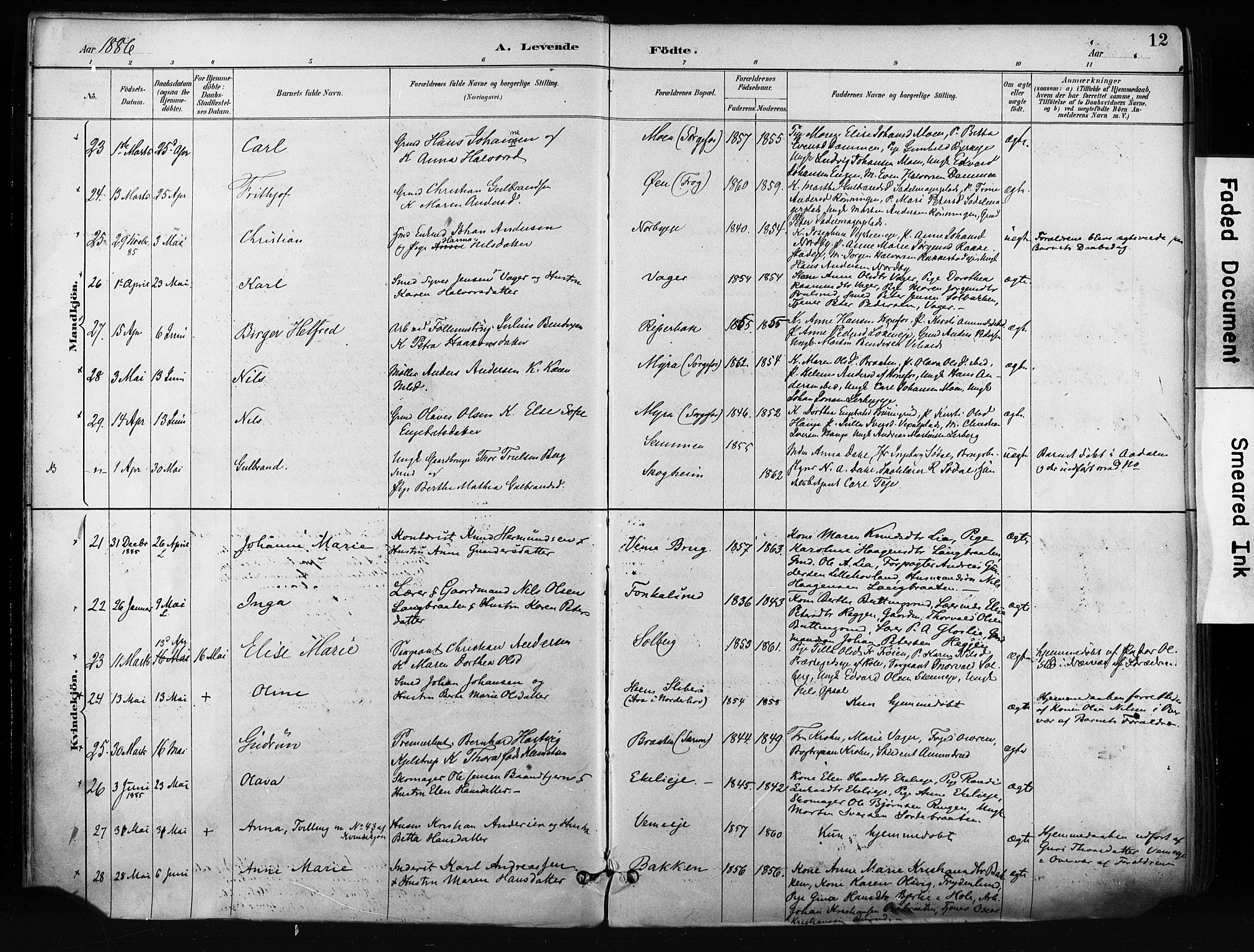 Norderhov kirkebøker, AV/SAKO-A-237/F/Fa/L0016: Ministerialbok nr. 16, 1885-1902, s. 12