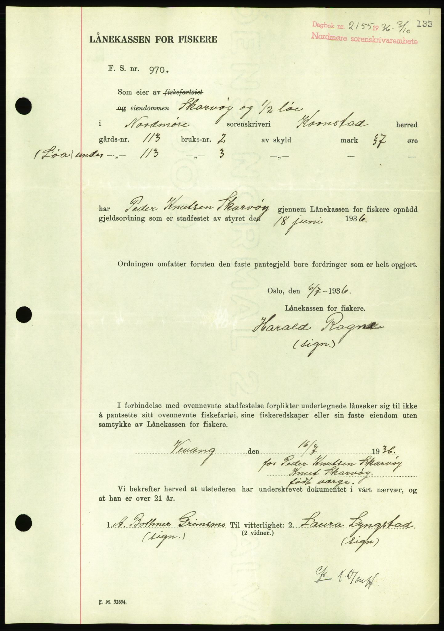 Nordmøre sorenskriveri, AV/SAT-A-4132/1/2/2Ca/L0090: Pantebok nr. B80, 1936-1937, Dagboknr: 2155/1936