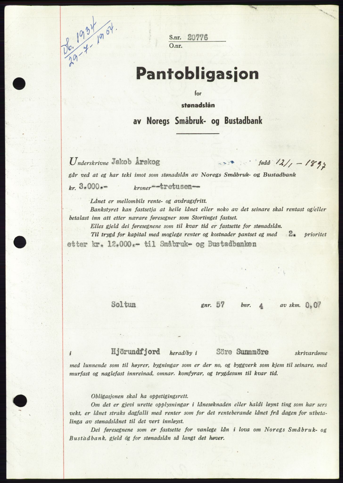 Søre Sunnmøre sorenskriveri, SAT/A-4122/1/2/2C/L0125: Pantebok nr. 13B, 1954-1954, Dagboknr: 1934/1954