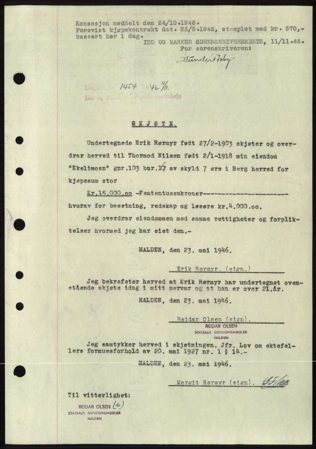 Idd og Marker sorenskriveri, SAO/A-10283/G/Gb/Gbb/L0008: Pantebok nr. A8, 1946-1946, Dagboknr: 1454/1946